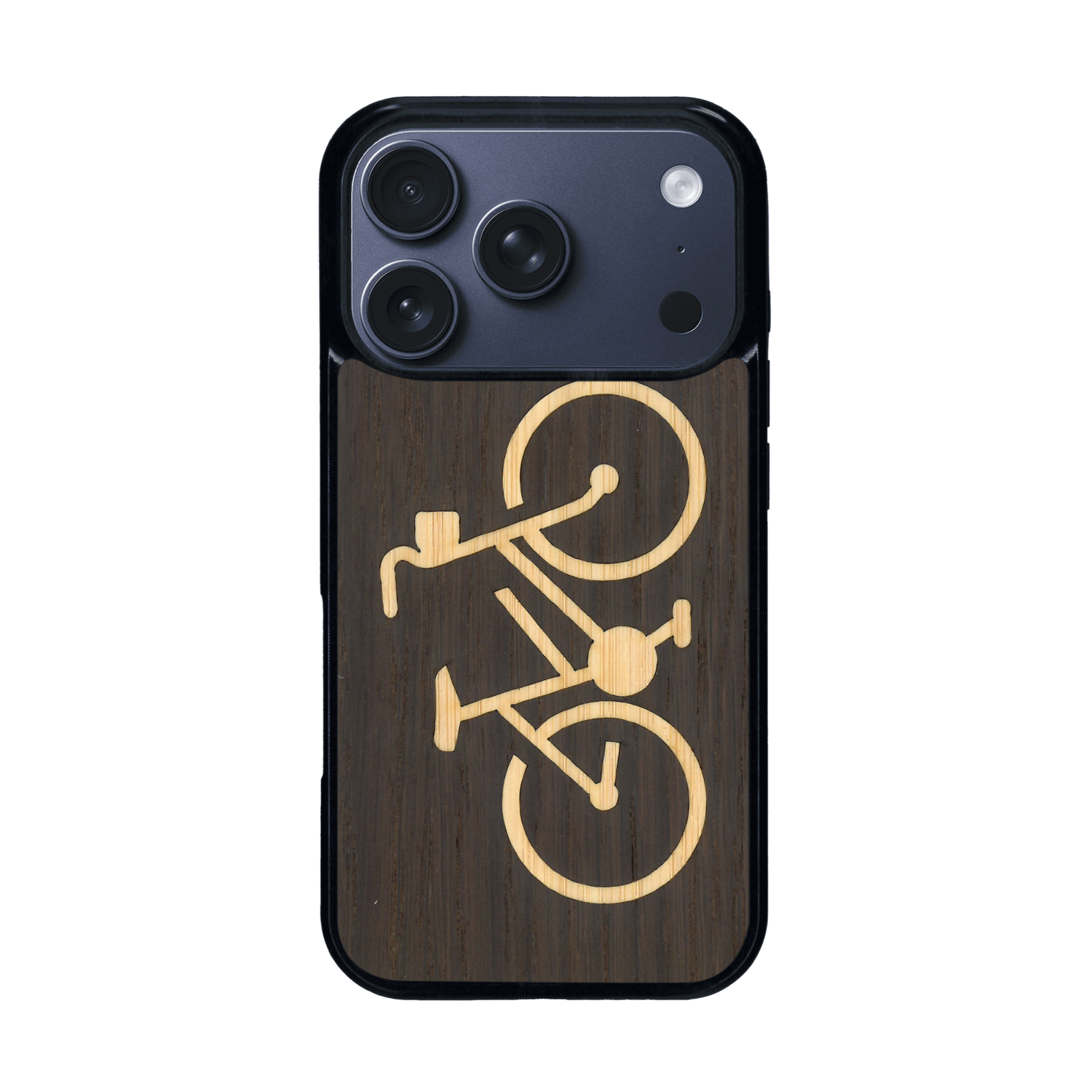 Coque de protection en bois véritable fabriquée en France pour iPhone 17 Pro sur le theme du vélo et de l'outdoor qui allie du bambou et du chêne fumé représentant un vélo