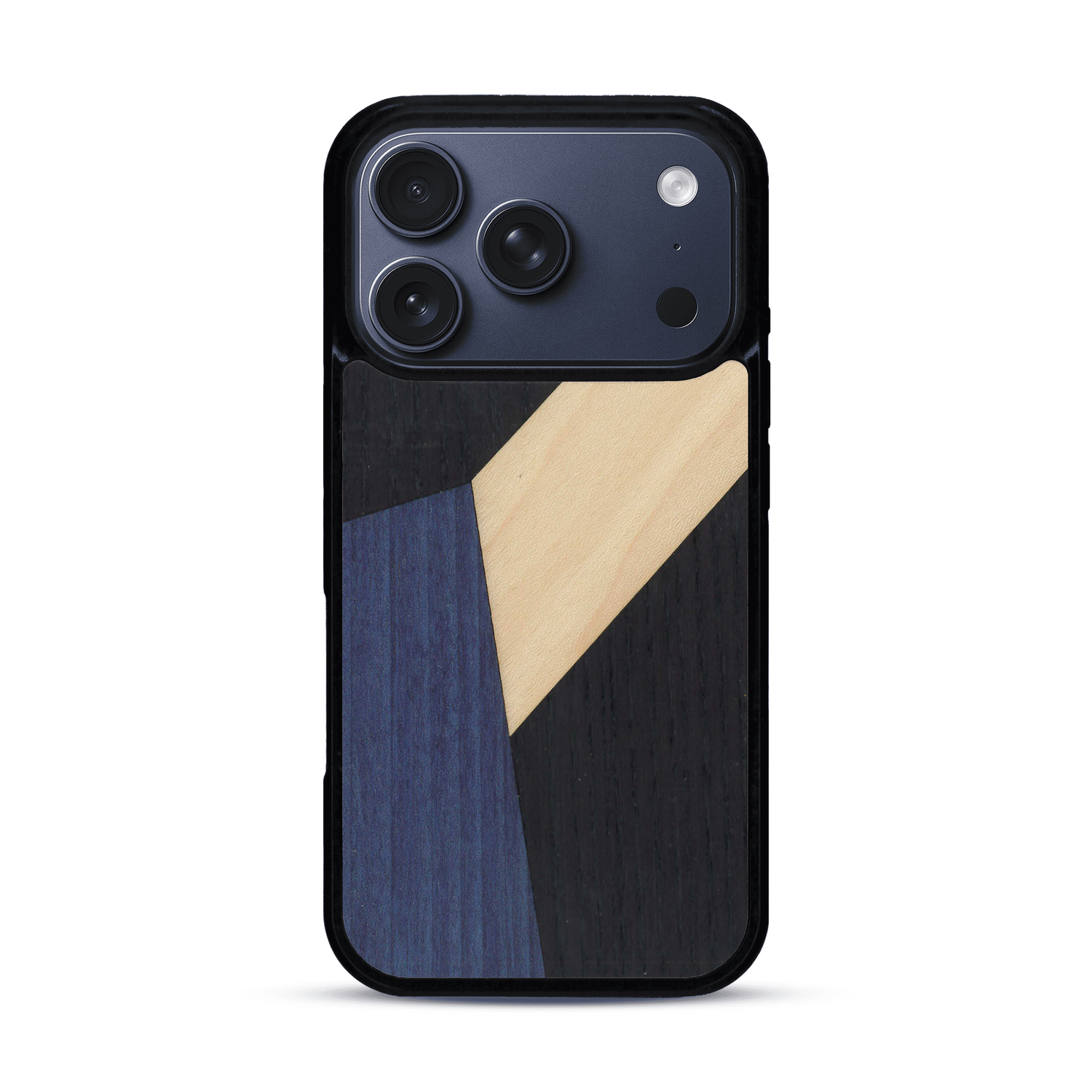 Coque de protection en bois véritable fabriquée en France pour  alliant du bambou, du tulipier bleu et noir en forme de mosaïque minimaliste sur le thème de l'art abstrait
