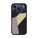 Coque de protection en bois véritable fabriquée en France pour  alliant du bambou, du tulipier mauve et noir en forme de mosaïque minimaliste sur le thème de l'art abstrait