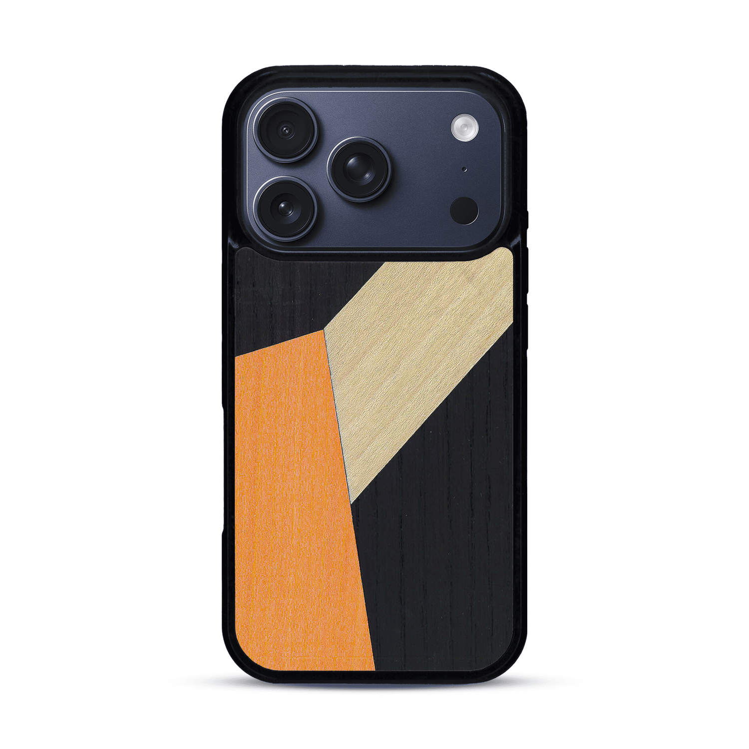 Coque de protection en bois véritable fabriquée en France pour  alliant du bambou, du tulipier orange et noir en forme de mosaïque minimaliste sur le thème de l'art abstrait
