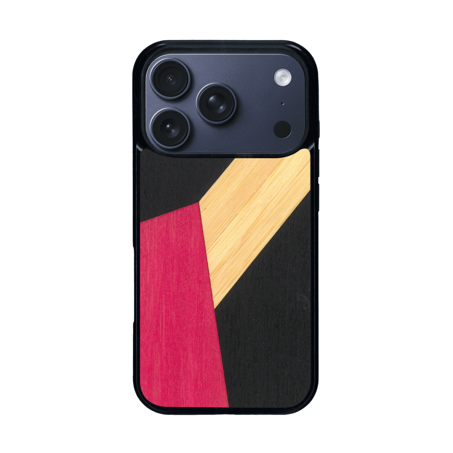 Coque de protection en bois véritable fabriquée en France pour iPhone 17 Pro alliant du bambou, du tulipier rose et noir en forme de mosaïque minimaliste sur le thème de l'art abstrait