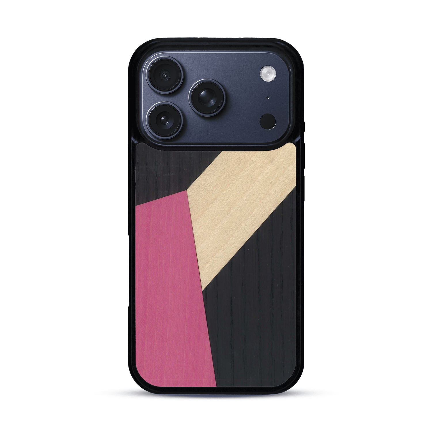 Coque de protection en bois véritable fabriquée en France pour  alliant du bambou, du tulipier rose et noir en forme de mosaïque minimaliste sur le thème de l'art abstrait