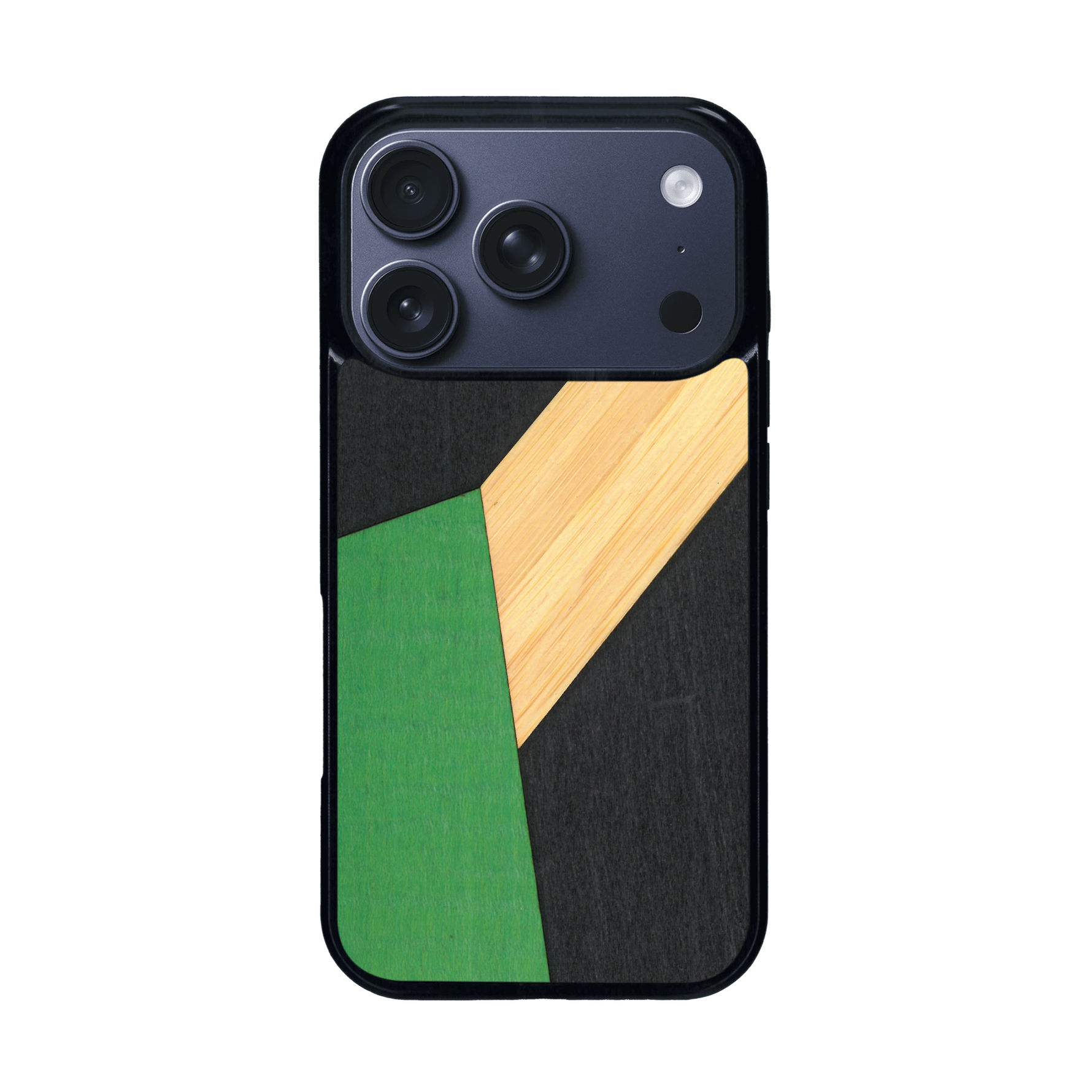 Coque de protection en bois véritable fabriquée en France pour iPhone 17 Pro alliant du bambou, du tulipier vert et noir en forme de mosaïque minimaliste sur le thème de l'art abstrait