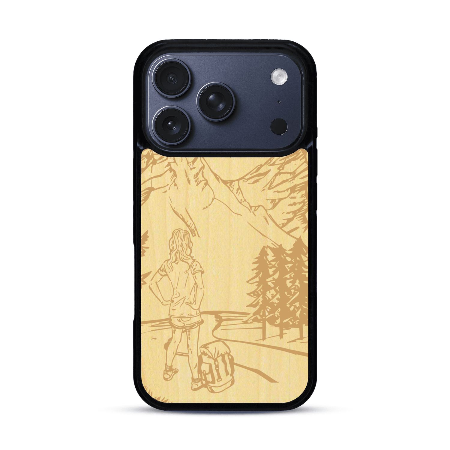 Coque de protection en bois véritable fabriquée en France pour  sur le thème de la randonnée en montagne et de l'aventure avec une gravure représentant une femme de dos face à un paysage de nature