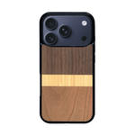 Coque de protection en bois véritable fabriquée en France pour iPhone 17 Pro alliant des bandes horizontales de bambou, merisier et noyer