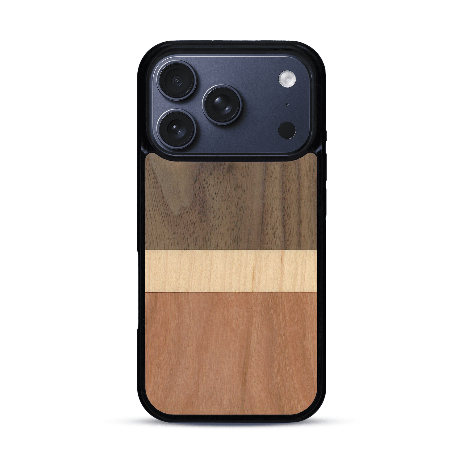 Coque de protection en bois véritable fabriquée en France pour  alliant des bandes horizontales de bambou, merisier et noyer