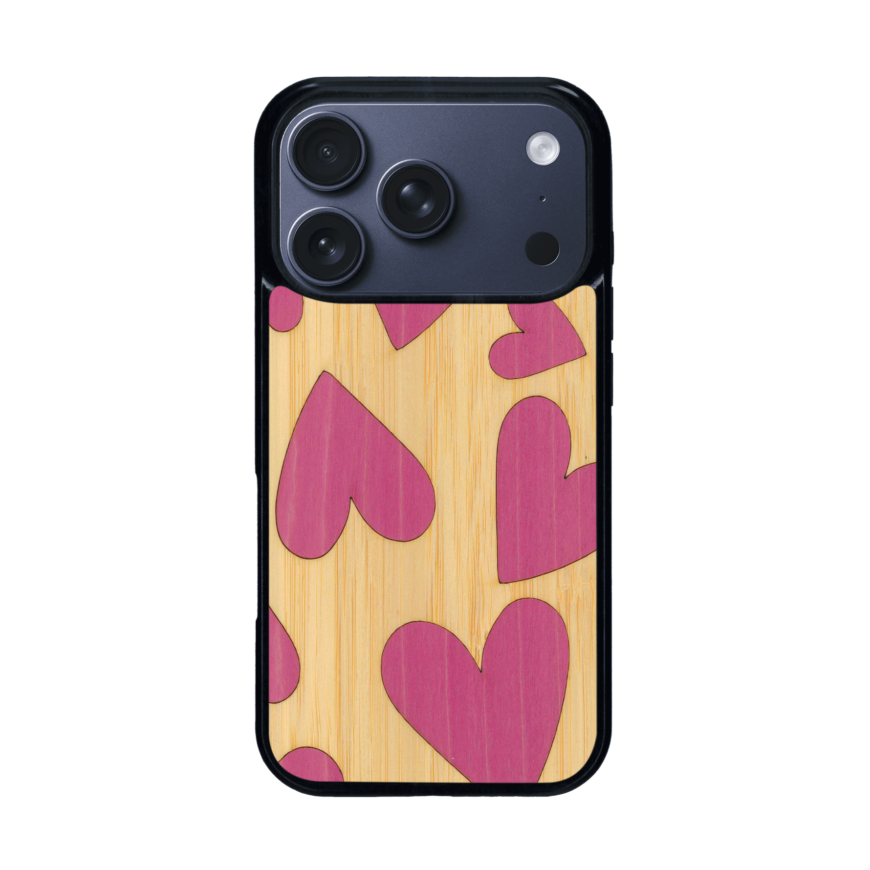 Coque de protection en bois véritable fabriquée en France pour iPhone 17 Pro alliant plusieurs essences de bois pour représenter des coeurs pour les amoureux