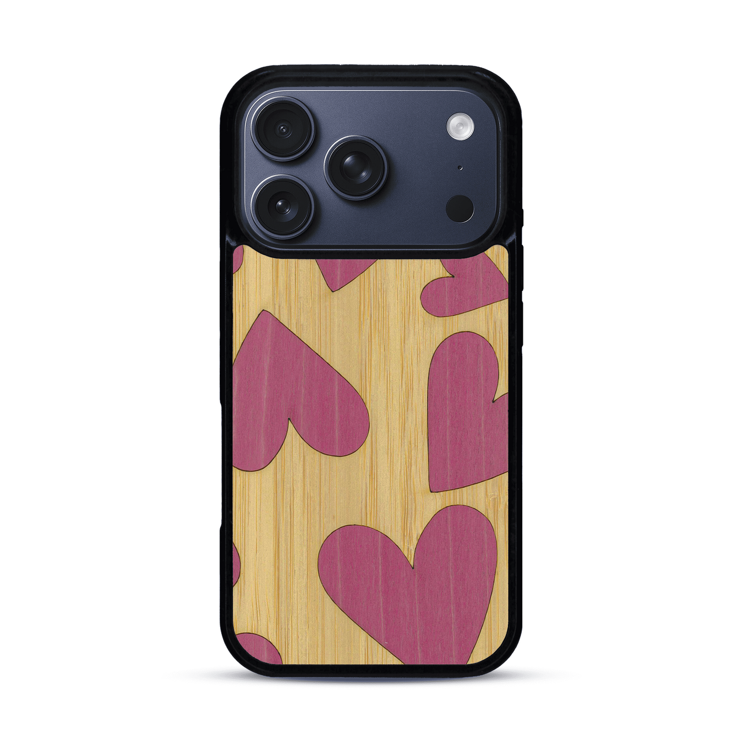 Coque de protection en bois véritable fabriquée en France pour  alliant plusieurs essences de bois pour représenter des coeurs pour les amoureux