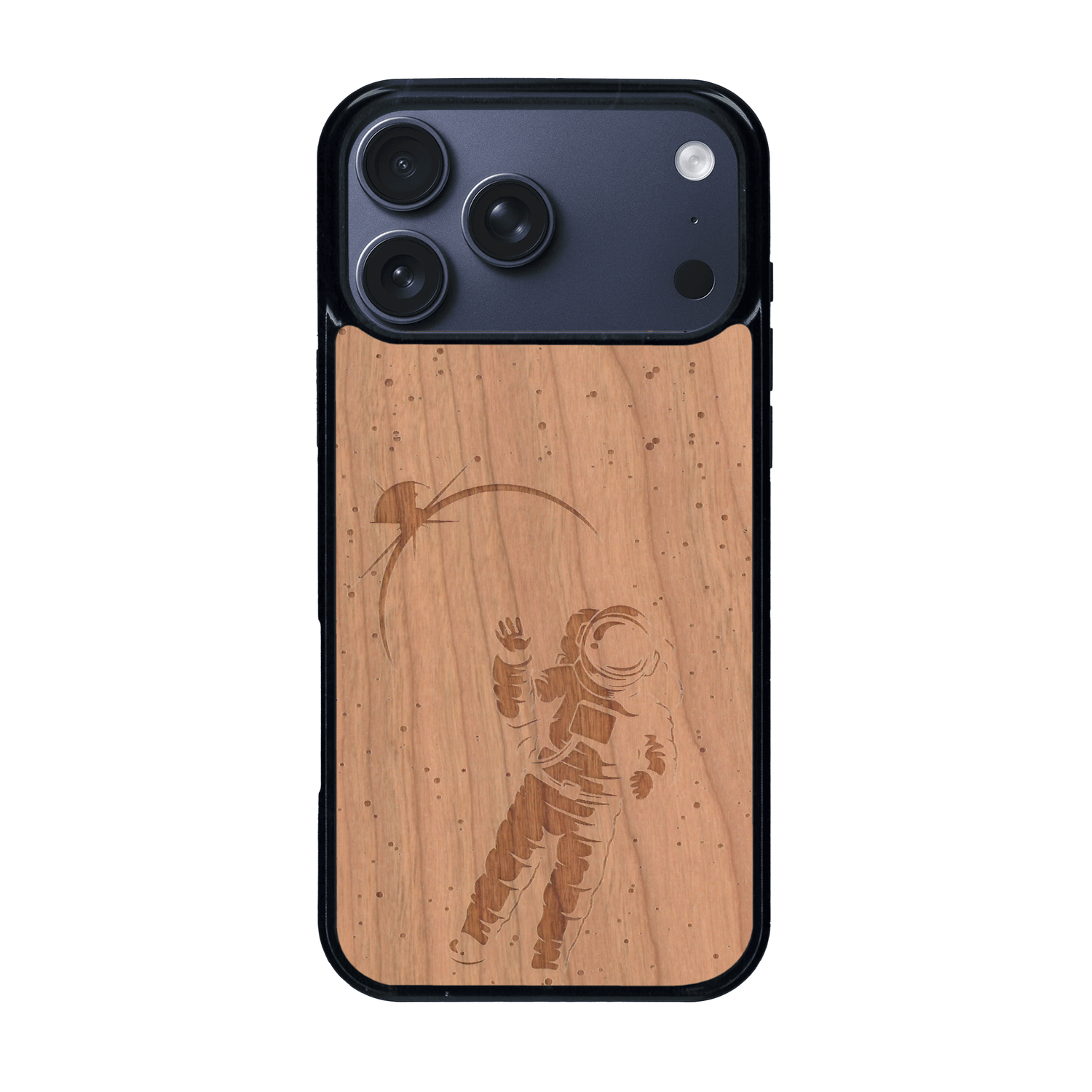 Coque de protection en bois véritable fabriquée en France pour iPhone 17 Pro Max sur le thème des astronautes