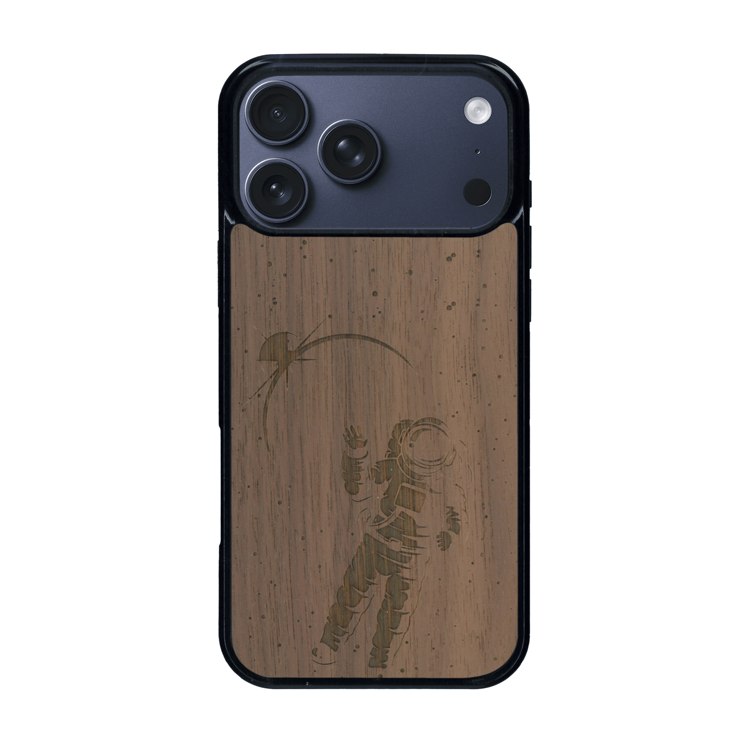 Coque de protection en bois véritable fabriquée en France pour iPhone 17 Pro Max sur le thème des astronautes