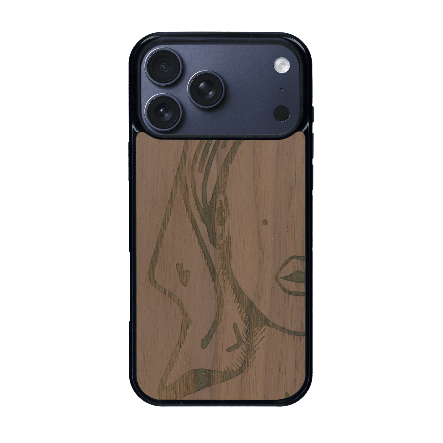 Coque de protection en bois véritable fabriquée en France pour iPhone 17 Pro Max représentant une silhouette féminine épurée de type line art en collaboration avec l'artiste Maud Dabs