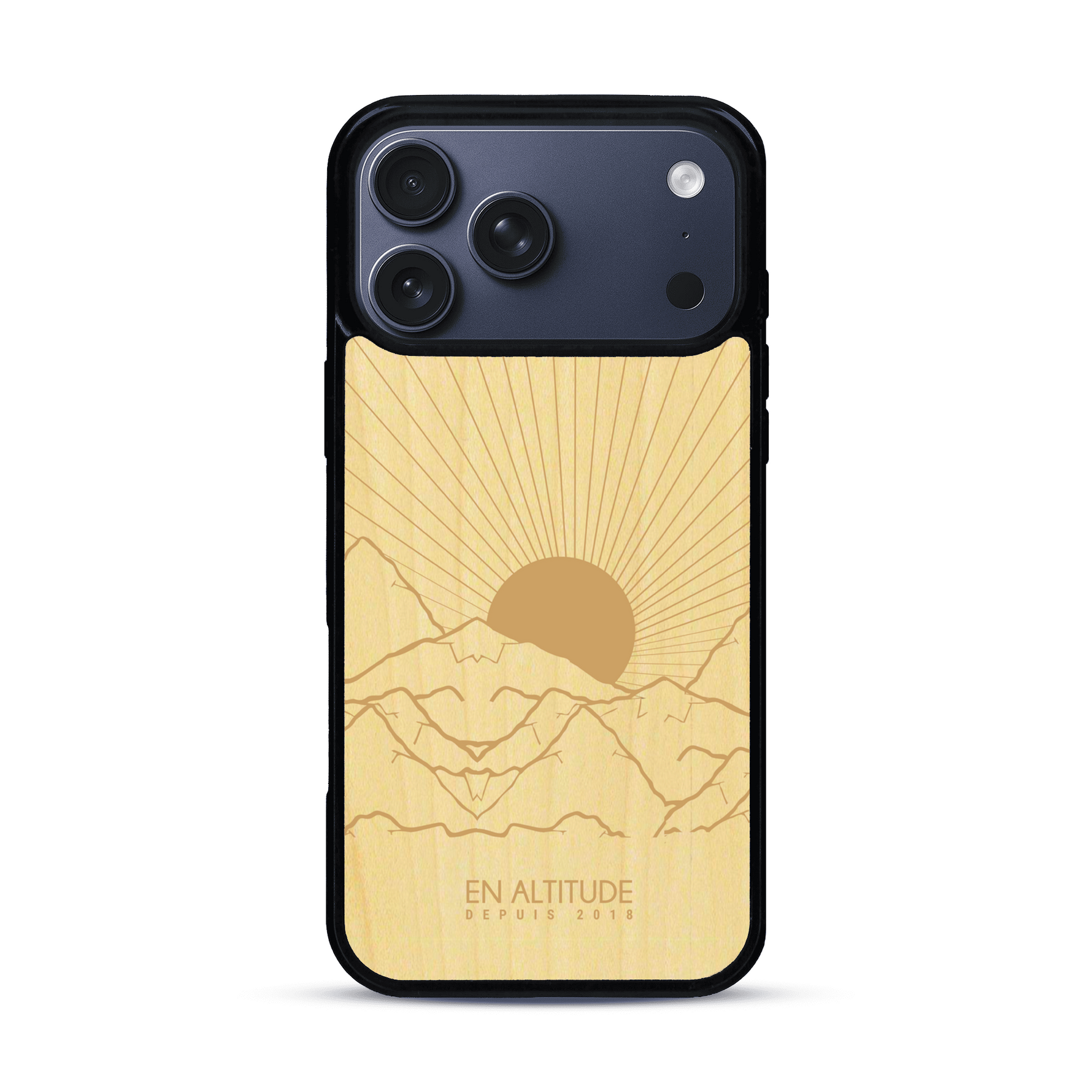 Coque de protection en bois véritable fabriquée en France pour  représentant des montagnes, sur le thème de la randonnée en pleine nature et du trail