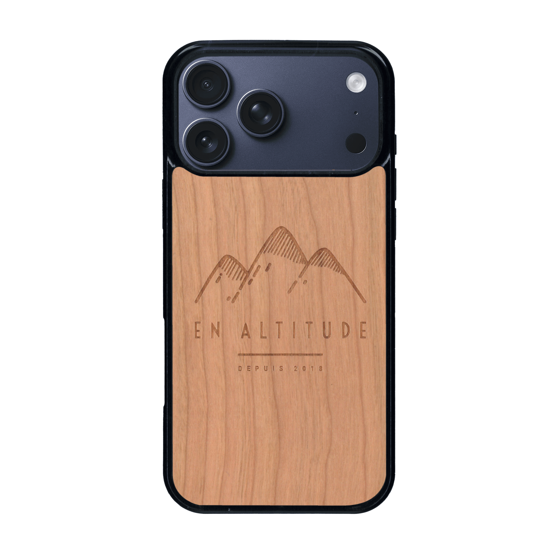 Coque de protection en bois véritable fabriquée en France pour iPhone 17 Pro Max représentant des montagnes, sur le thème de la randonnée en pleine nature et du trail