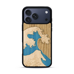 Coque de protection en bois véritable fabriquée en France pour  alliant plusieurs essences de bois pour représenter la célèbre grande vague de Kanagawa