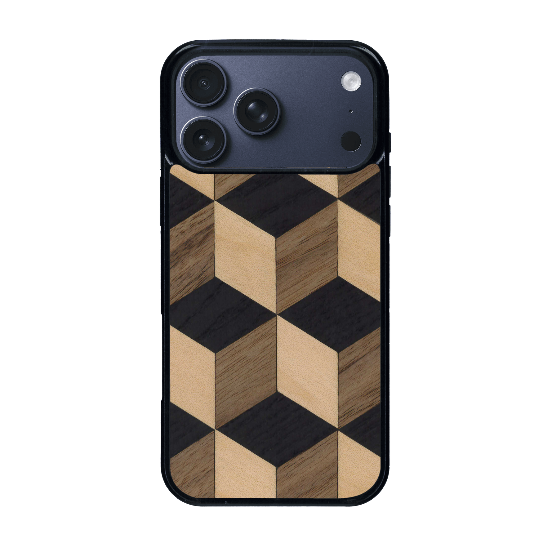 Coque de protection en bois véritable fabriquée en France pour iPhone 17 Pro Max alliant plusieurs essences de bois pour représenter un classique intemporel de la marqueterie