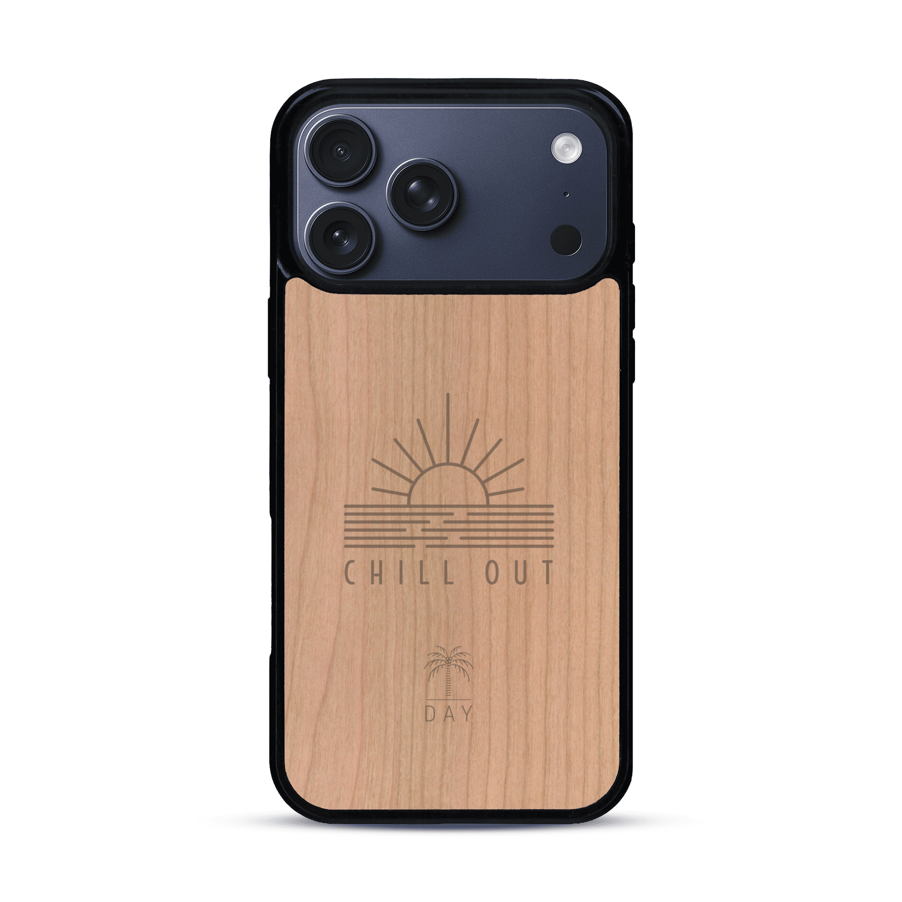 Coque de protection en bois véritable fabriquée en France pour  sur le thème chill avec un motif représentant un couché de soleil sur l'océan et la phrase "Chill out"