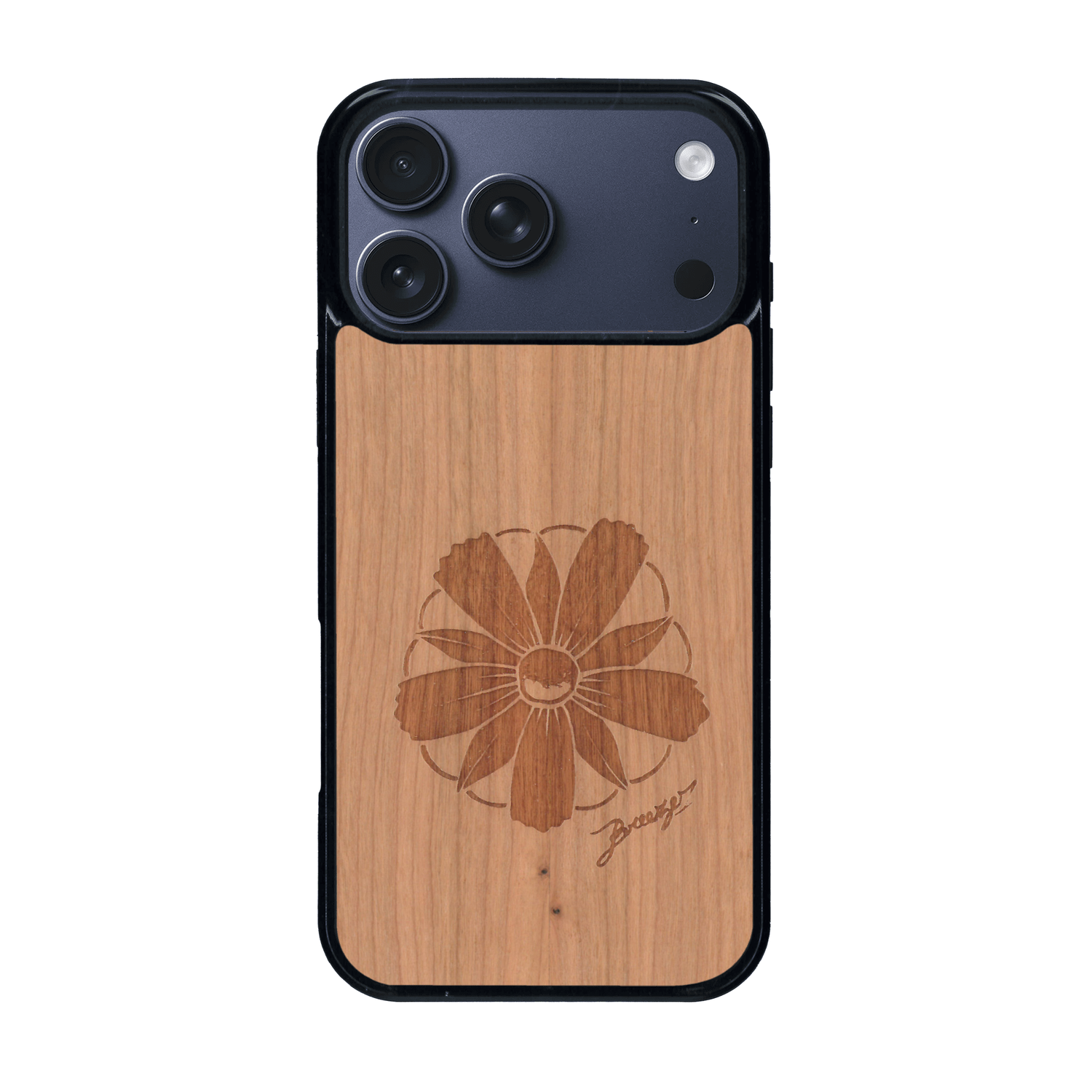 Coque de protection en bois véritable fabriquée en France pour iPhone 17 Pro Max sur le thème des fleurs et de la montagne avec un motif de gravure représentant les pétales d'une fleur des montagnes