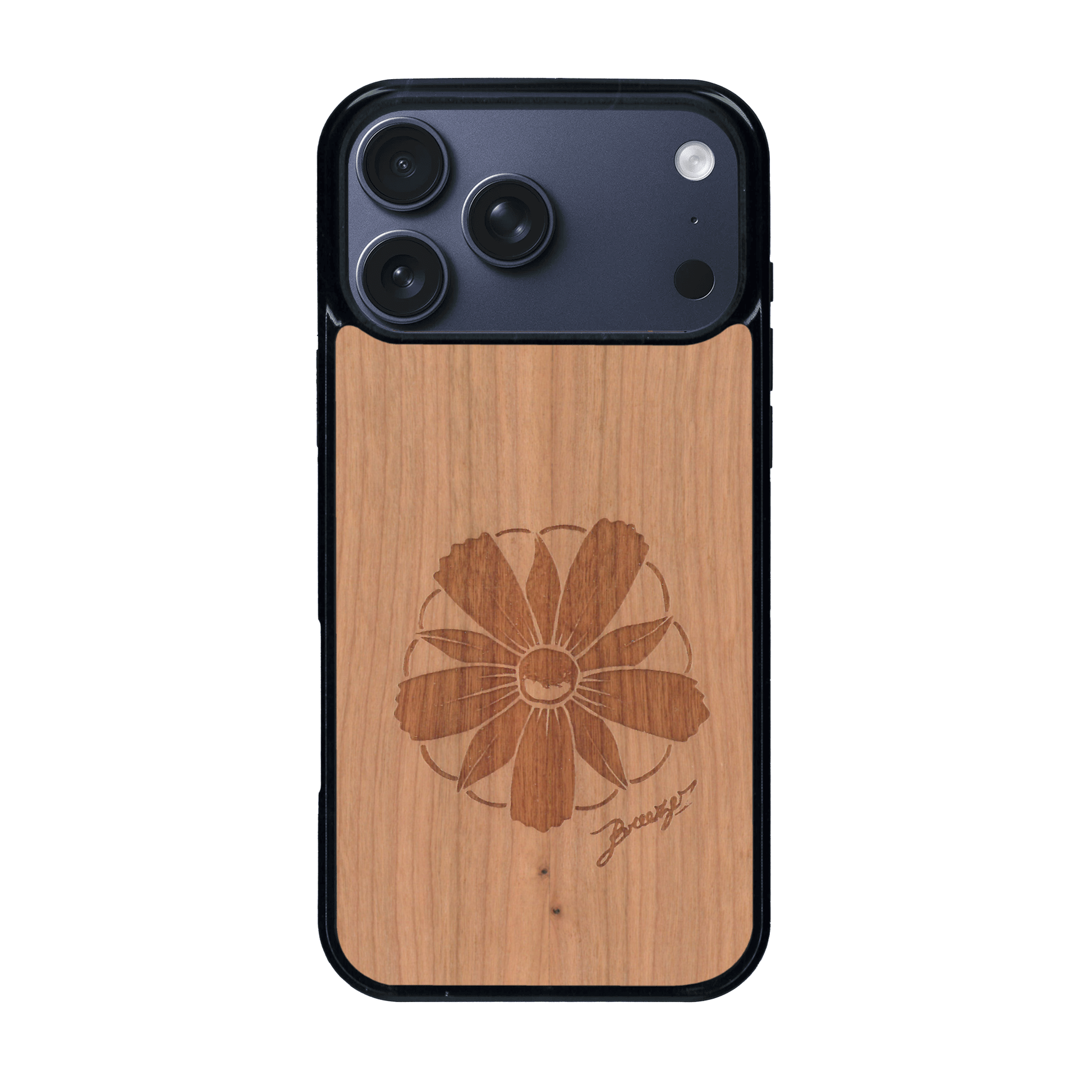 Coque de protection en bois véritable fabriquée en France pour iPhone 17 Pro Max sur le thème des fleurs et de la montagne avec un motif de gravure représentant les pétales d'une fleur des montagnes