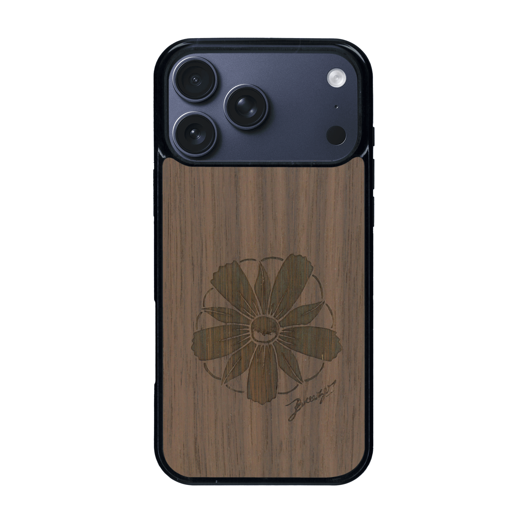 Coque de protection en bois véritable fabriquée en France pour iPhone 17 Pro Max sur le thème des fleurs et de la montagne avec un motif de gravure représentant les pétales d'une fleur des montagnes