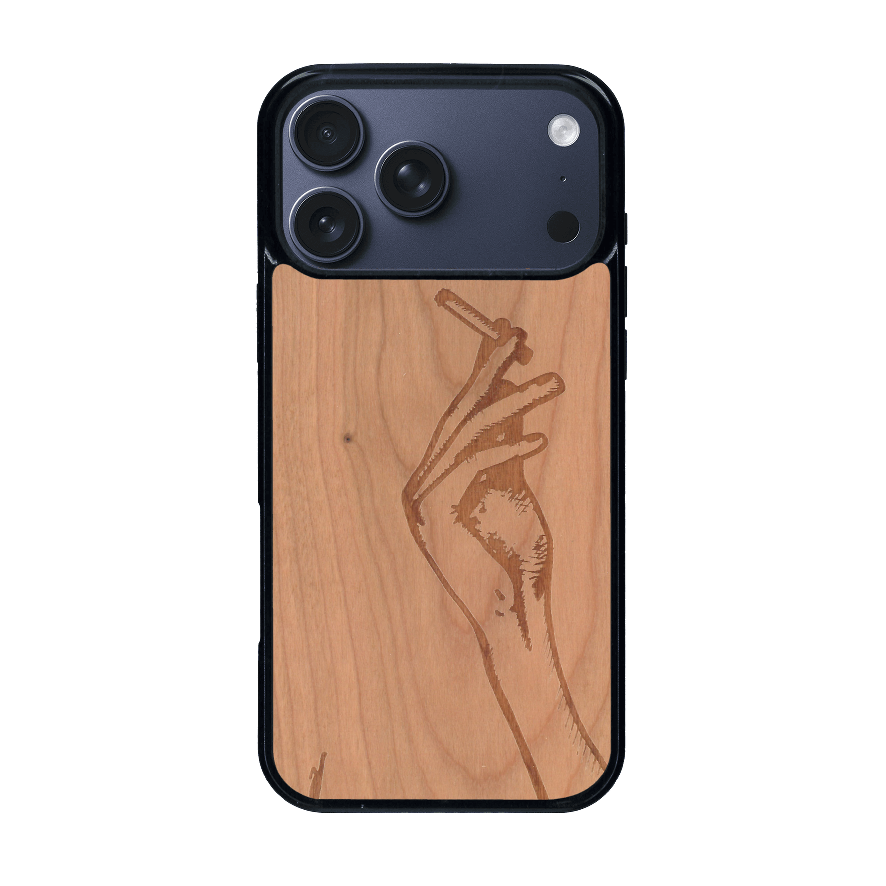 Coque de protection en bois véritable fabriquée en France pour iPhone 17 Pro Max représentant une main de femme tenant une cigarette de type line art en collaboration avec l'artiste Maud Dabs