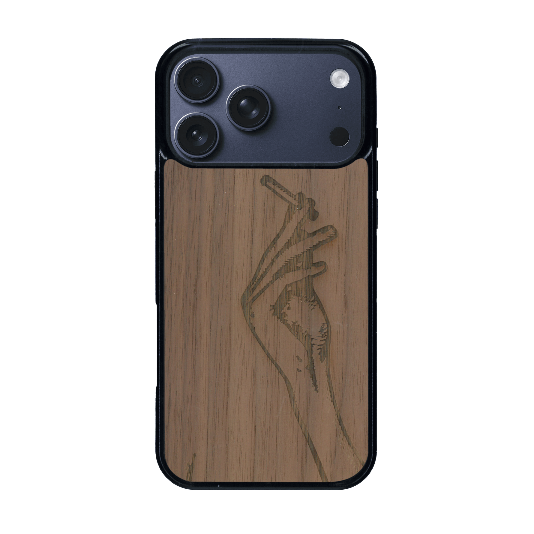 Coque de protection en bois véritable fabriquée en France pour iPhone 17 Pro Max représentant une main de femme tenant une cigarette de type line art en collaboration avec l'artiste Maud Dabs