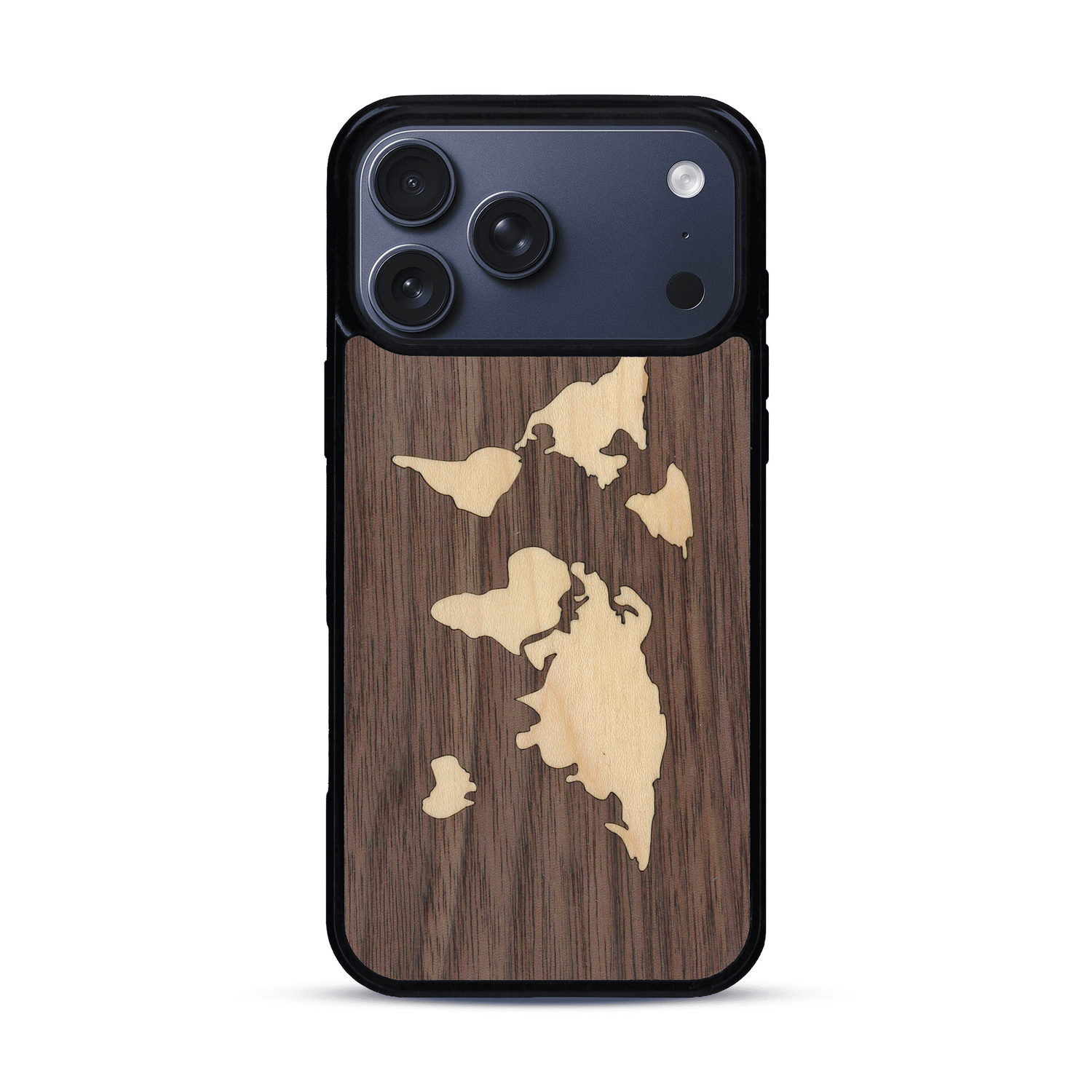 Coque de protection en bois véritable fabriquée en France pour  alliant du bambou et du noyer sur le thème du voyage et de l'aventure représentant une mappemonde