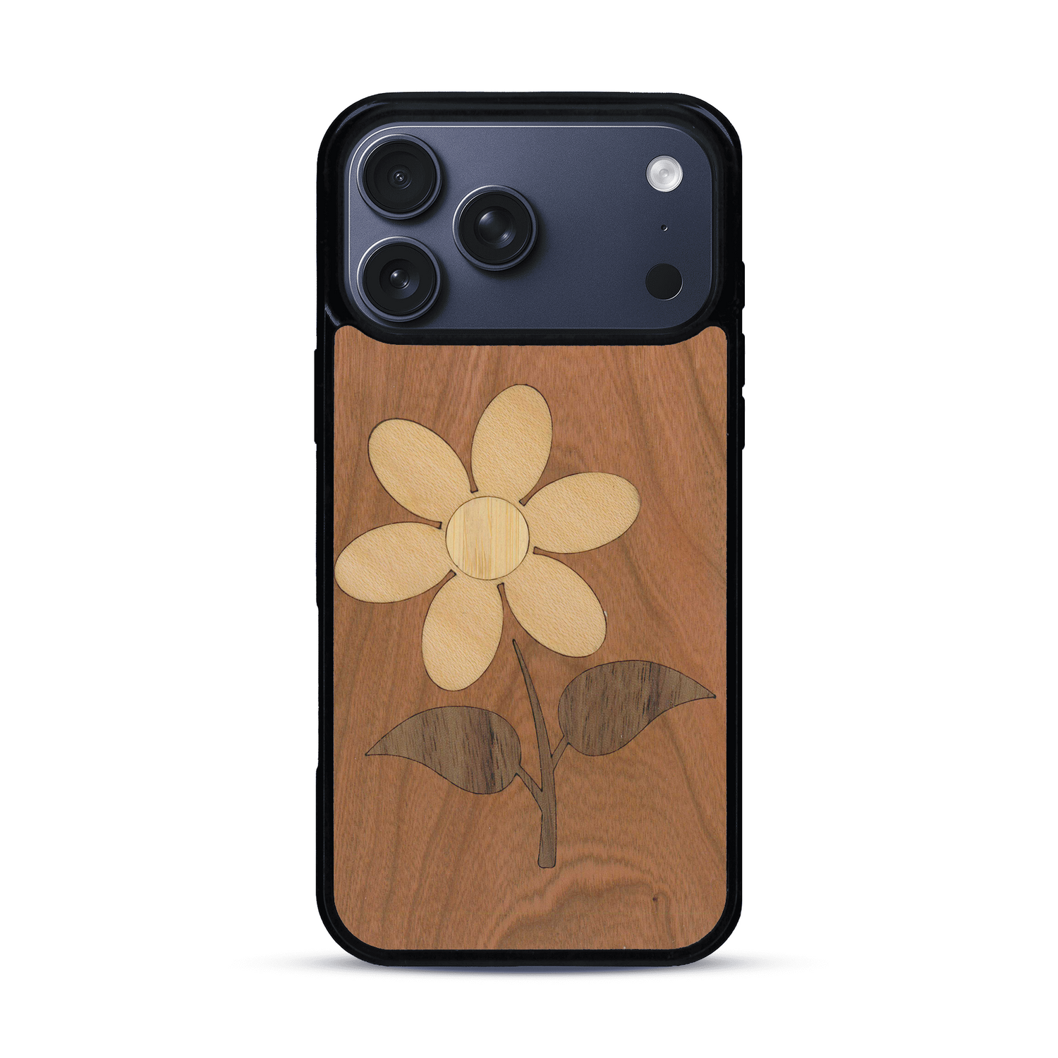 Coque de protection en bois véritable fabriquée en France pour  alliant plusieurs essences de bois pour représenter une marguerite