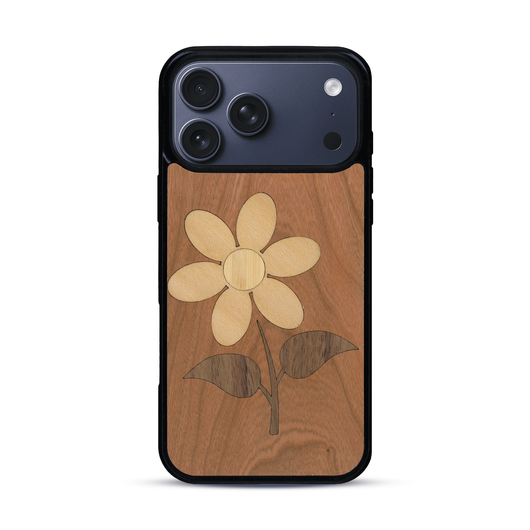 Coque de protection en bois véritable fabriquée en France pour  alliant plusieurs essences de bois pour représenter une marguerite