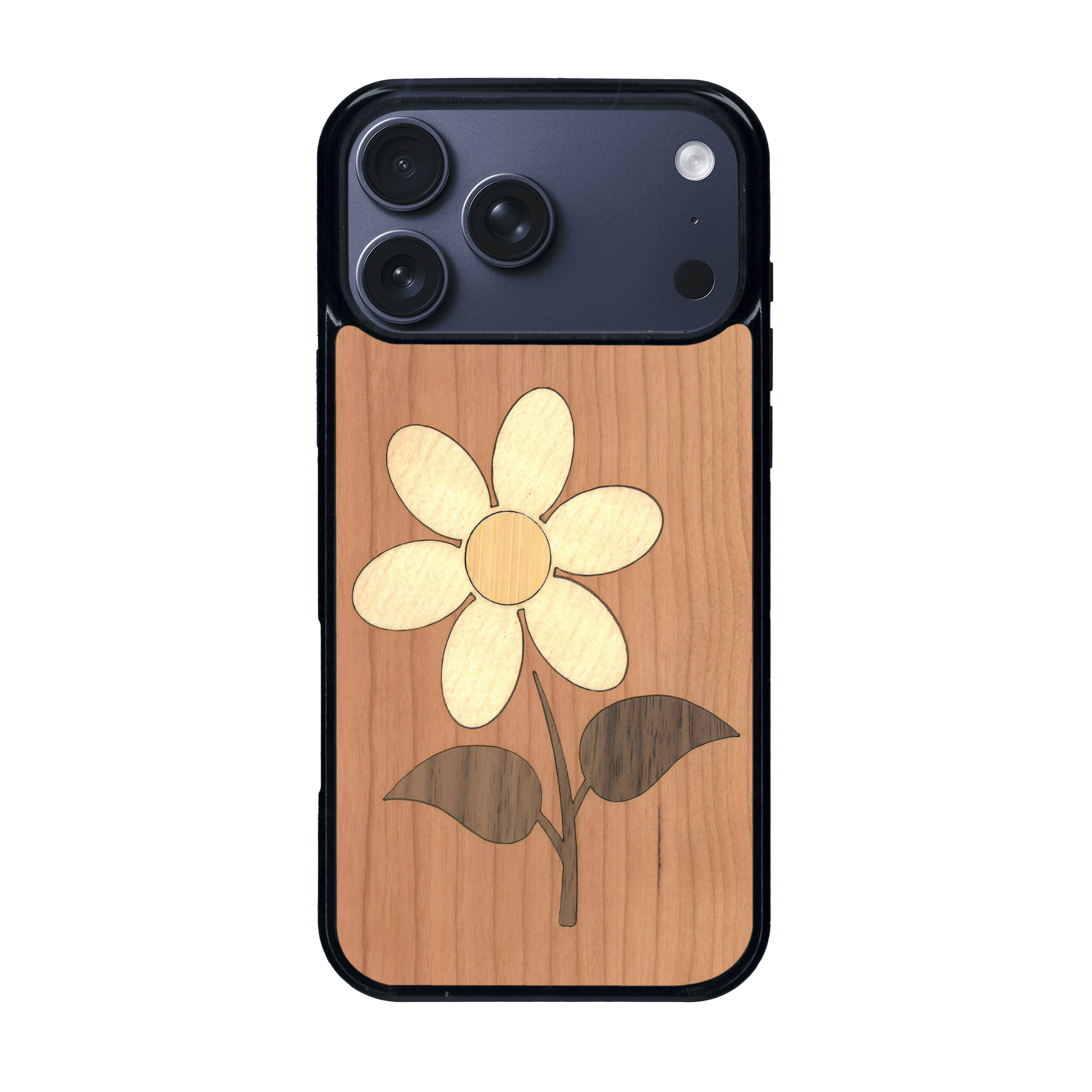 Coque de protection en bois véritable fabriquée en France pour iPhone 17 Pro Max alliant plusieurs essences de bois pour représenter une marguerite