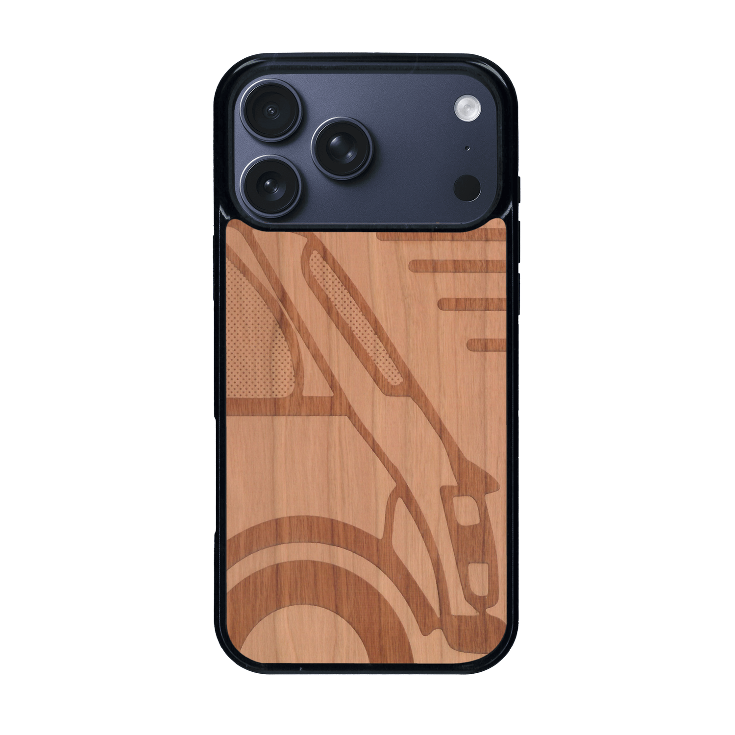 Coque de protection en bois véritable fabriquée en France pour iPhone 17 Pro Max sur le thème de l'automobile avec une authentique Mini Cooper