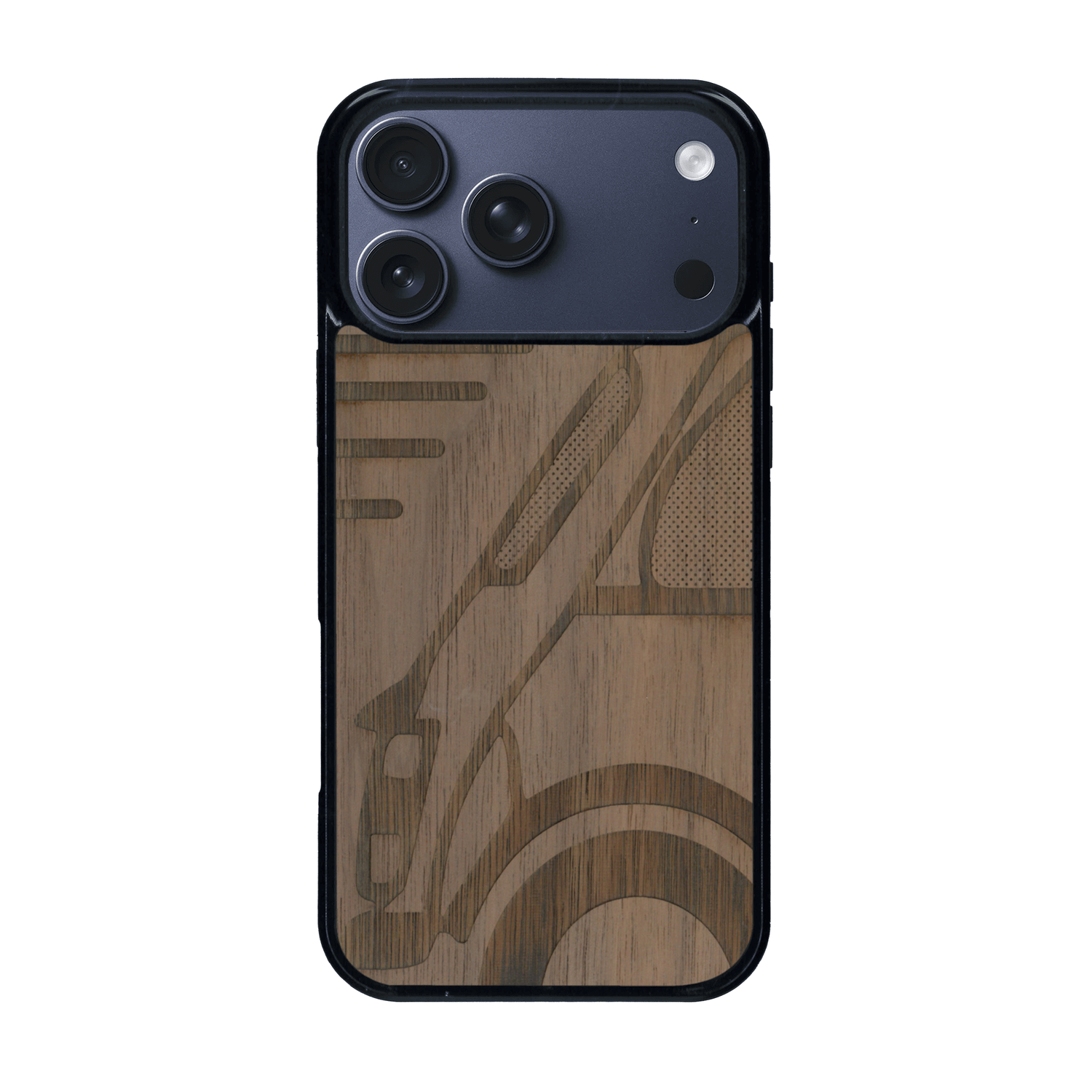 Coque de protection en bois véritable fabriquée en France pour iPhone 17 Pro Max sur le thème de l'automobile avec une authentique Mini Cooper