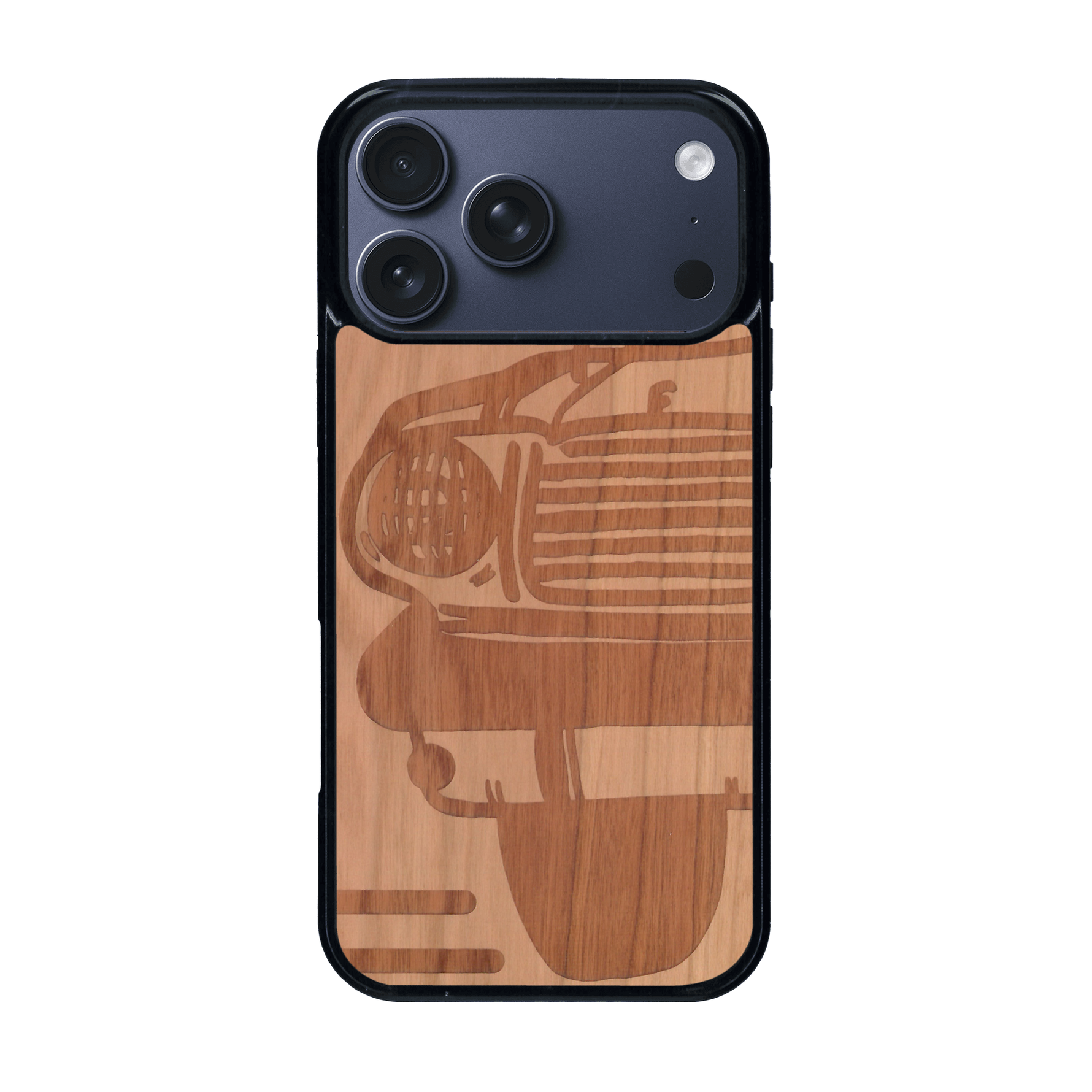 Coque de protection en bois véritable fabriquée en France pour iPhone 17 Pro Max sur le thème de l'automobile avec une authentique Mustang