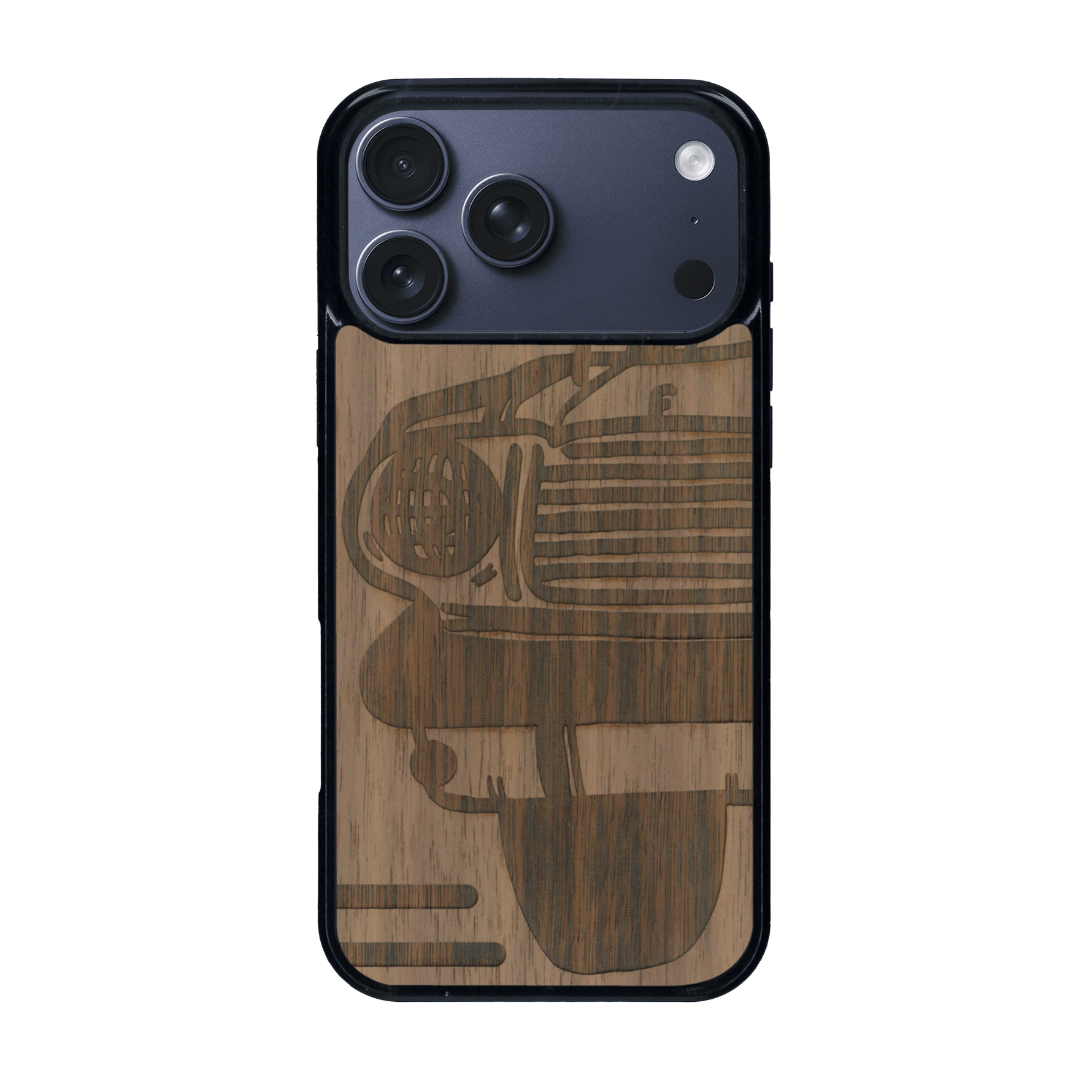 Coque de protection en bois véritable fabriquée en France pour iPhone 17 Pro Max sur le thème de l'automobile avec une authentique Mustang