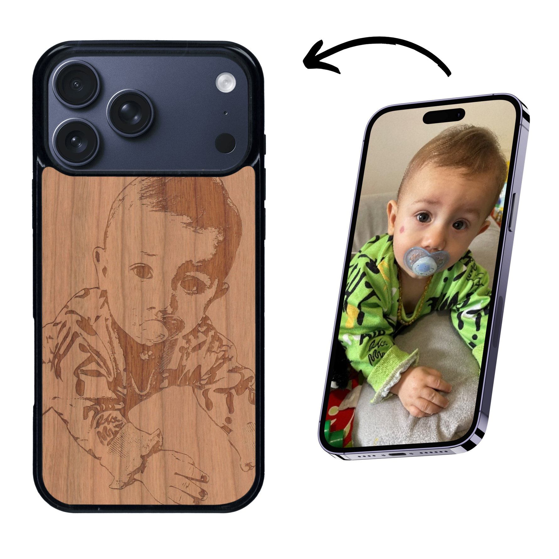 Coque de protection en bois véritable fabriquée en France pour iPhone 17 Pro Max avec gravure personnalisée à partir d'une photo, d'une image, d'un logo, des initials ou d'une phrase