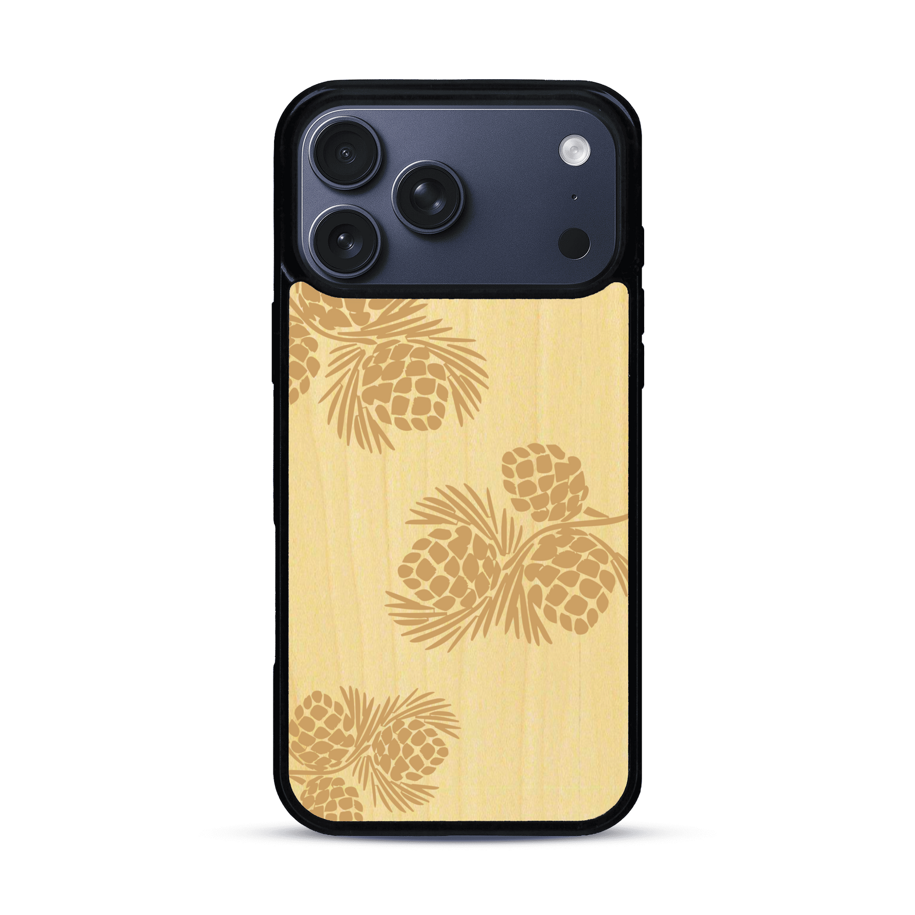 Coque de protection en bois véritable fabriquée en France pour  sur le thème de la nature des arbres avec un motif de gravure représentant des épines de sapin et des pommes de pin