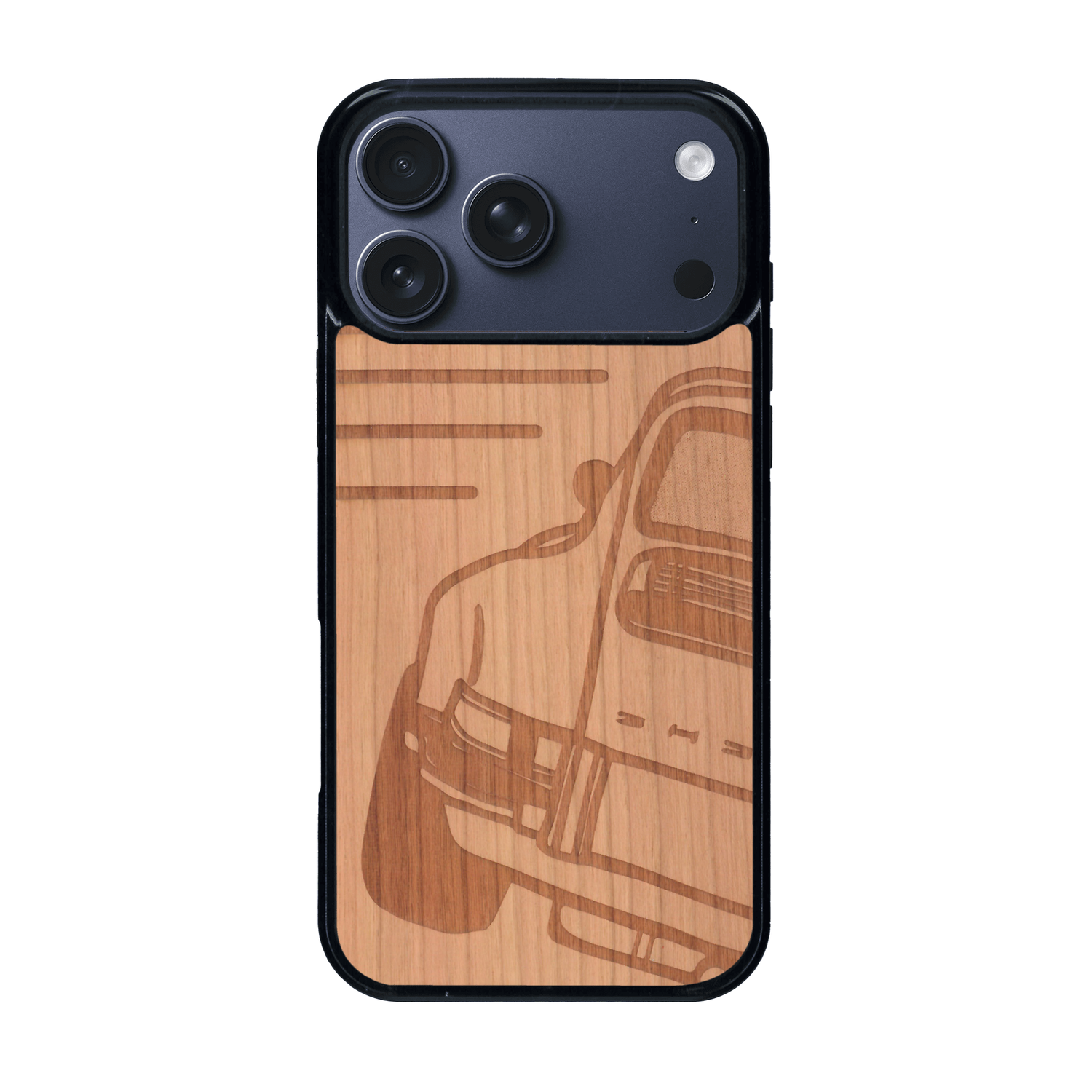 Coque de protection en bois véritable fabriquée en France pour iPhone 17 Pro Max sur le thème de l'automobile avec une authentique Porsche