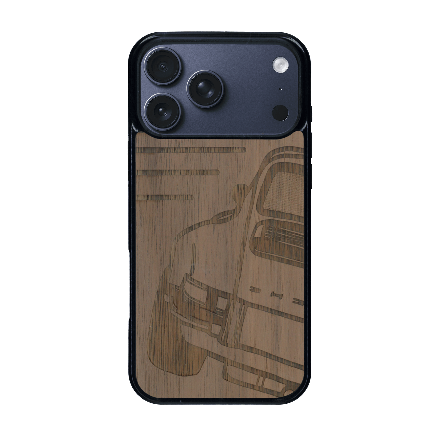 Coque de protection en bois véritable fabriquée en France pour iPhone 17 Pro Max sur le thème de l'automobile avec une authentique Porsche
