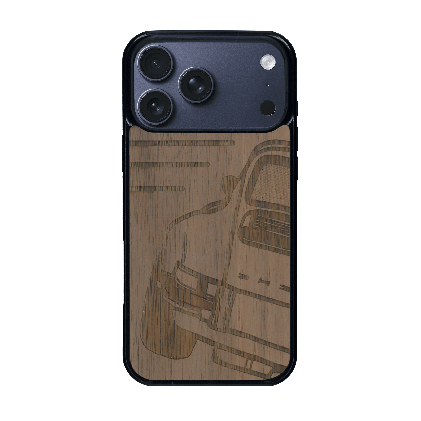 Coque de protection en bois véritable fabriquée en France pour iPhone 17 Pro Max sur le thème de l'automobile avec une authentique Porsche
