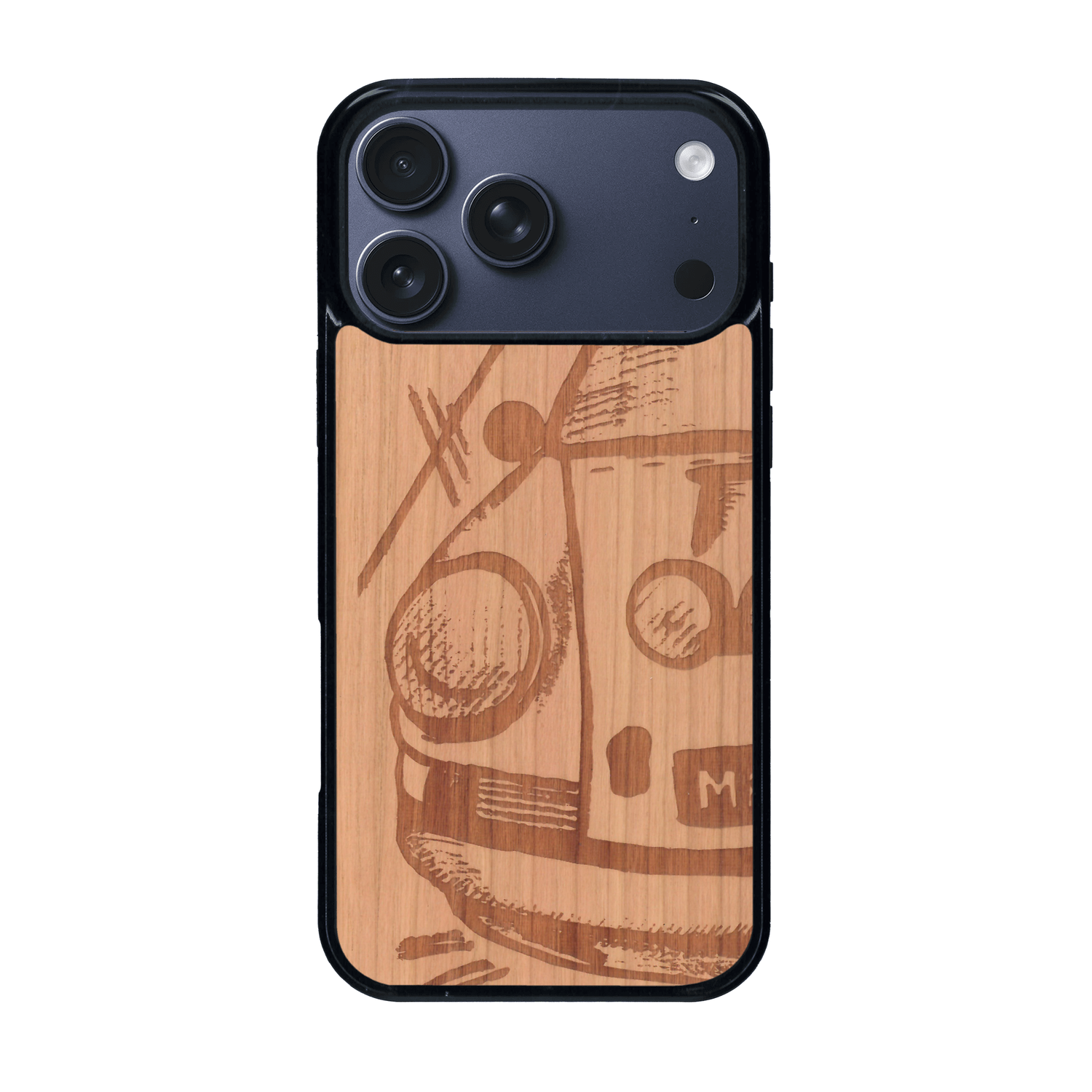 Coque de protection en bois véritable fabriquée en France pour iPhone 17 Pro Max sur le thème de l'automobile avec une authentique Porsche