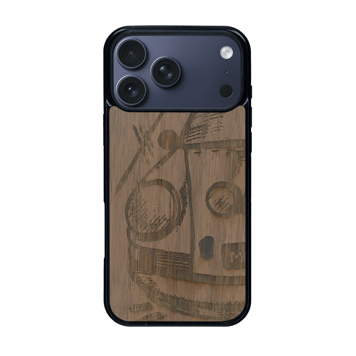 Coque de protection en bois véritable fabriquée en France pour iPhone 17 Pro Max sur le thème de l'automobile avec une authentique Porsche