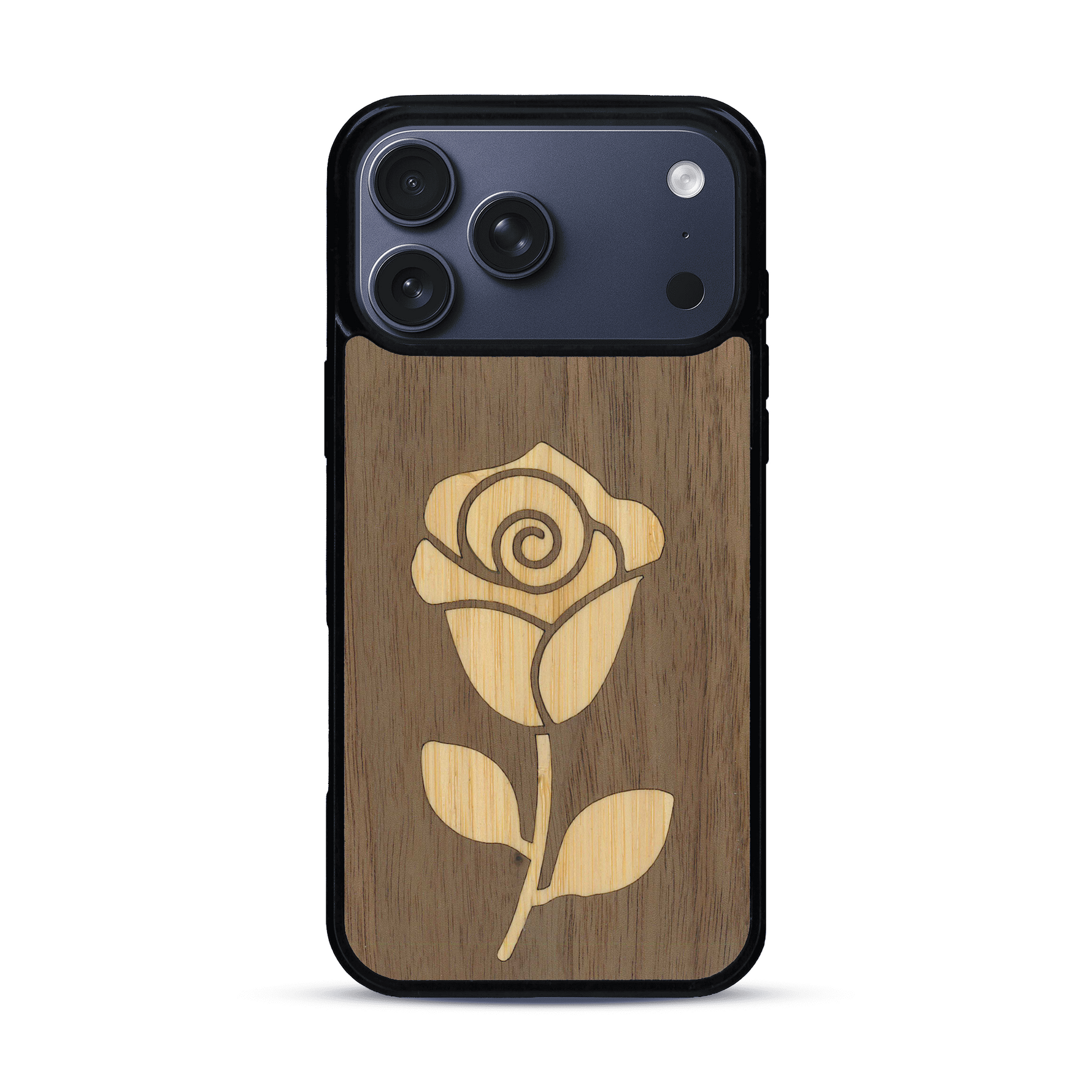 Coque de protection en bois véritable fabriquée en France pour  alliant plusieurs essences de bois pour représenter une rose