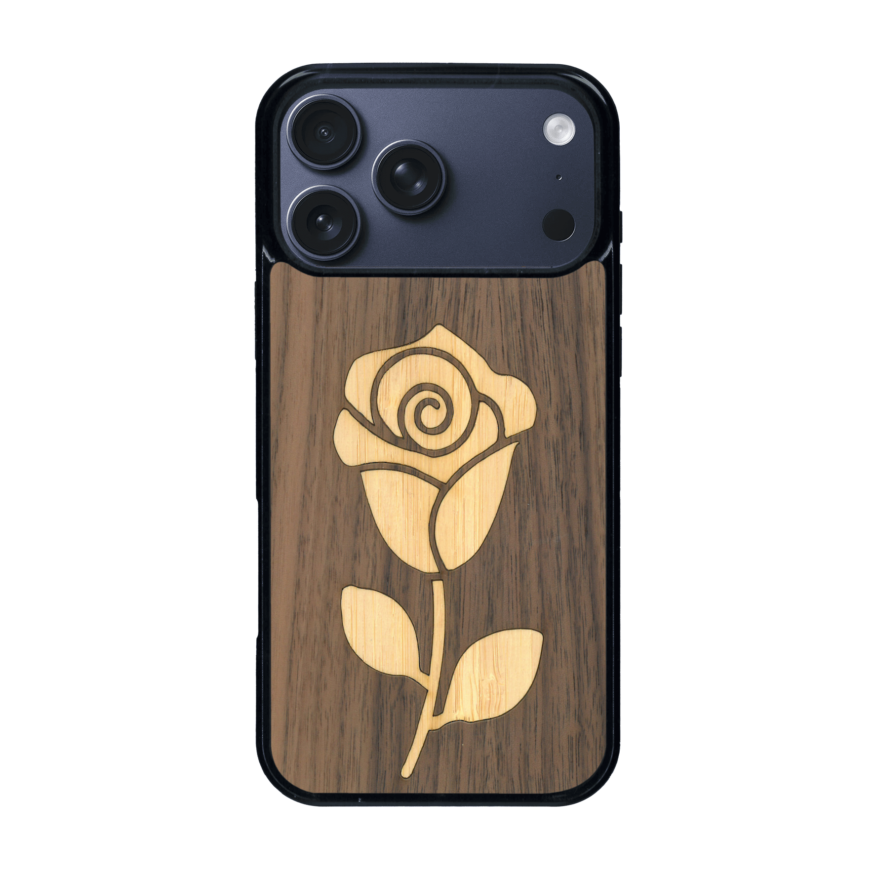 Coque de protection en bois véritable fabriquée en France pour iPhone 17 Pro Max alliant plusieurs essences de bois pour représenter une rose