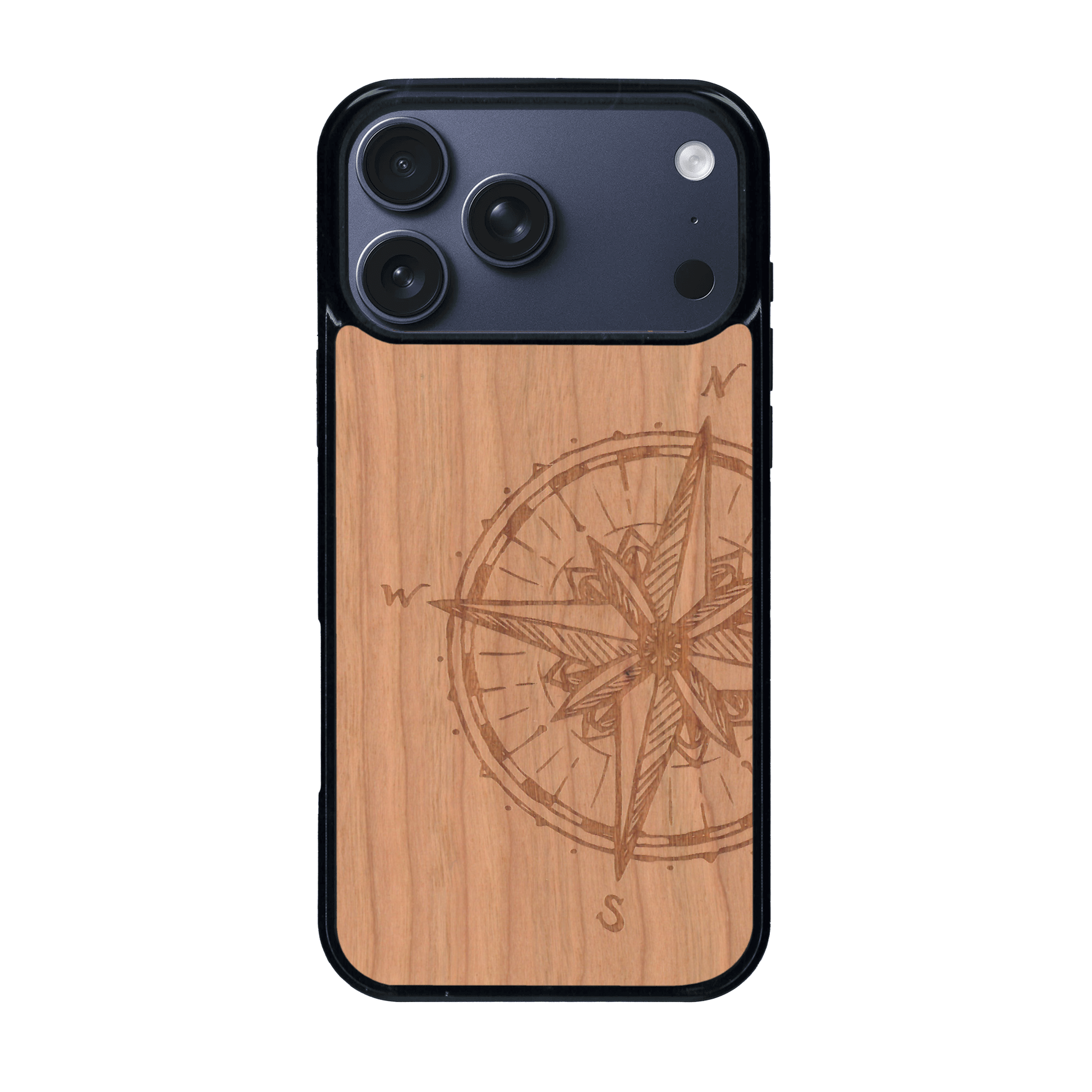 Coque de protection en bois véritable fabriquée en France pour iPhone 17 Pro Max avec une gravure "rose des vents" sur le thème nautique et de l'océan qui s'inspire des boussoles de pirate