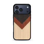 Coque de protection en bois véritable fabriquée en France pour  alliant du chêne fumé, du padouk et du bambou en forme de chevron sur le thème de l'art abstrait