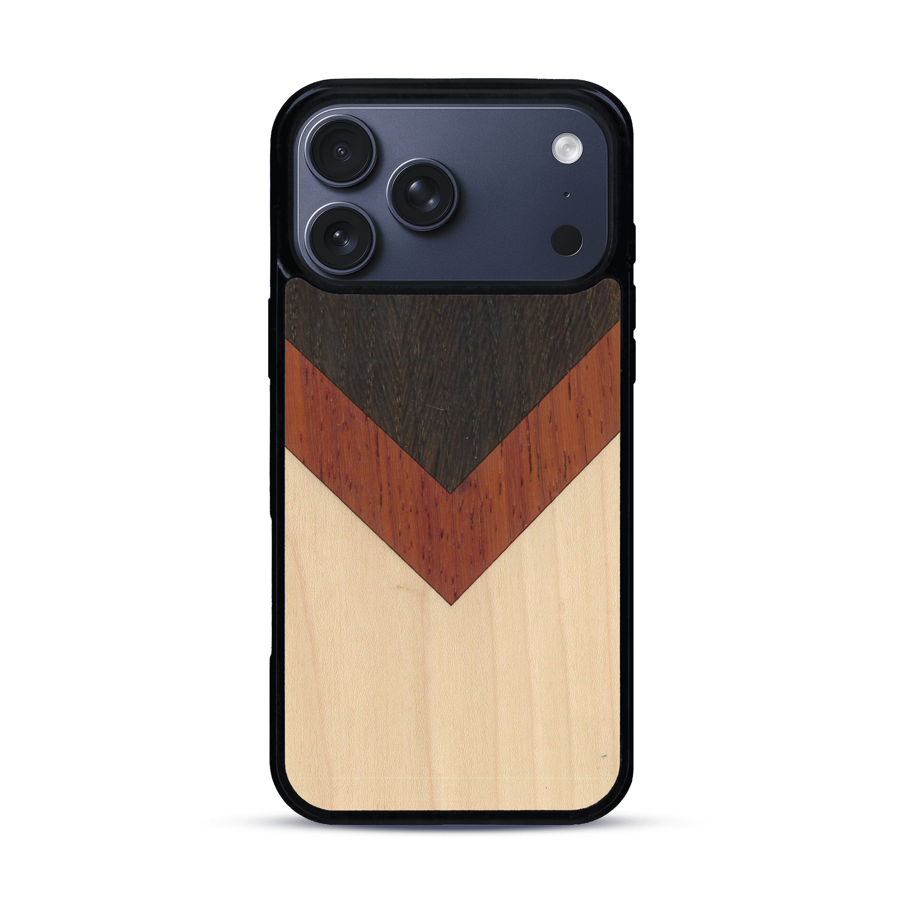 Coque de protection en bois véritable fabriquée en France pour  alliant du chêne fumé, du padouk et du bambou en forme de chevron sur le thème de l'art abstrait