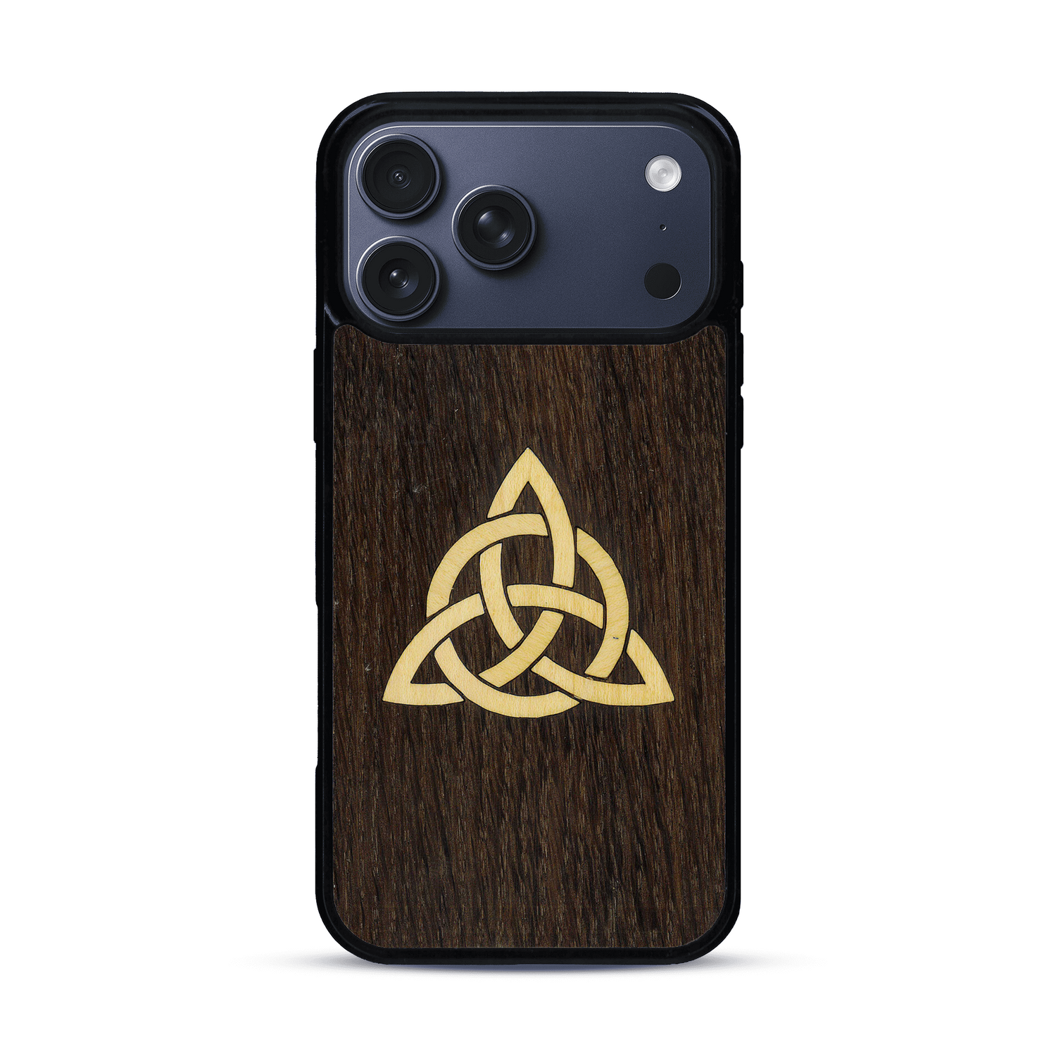 Coque de protection en bois véritable fabriquée en France pour  alliant du chêne fumé et du bambou représentant une triquetra