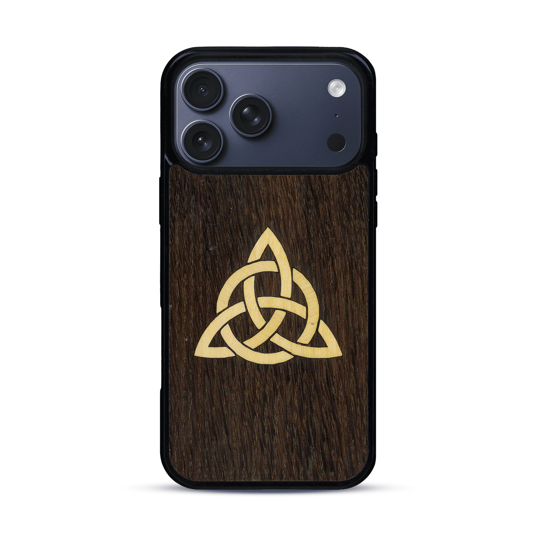 Coque de protection en bois véritable fabriquée en France pour  alliant du chêne fumé et du bambou représentant une triquetra
