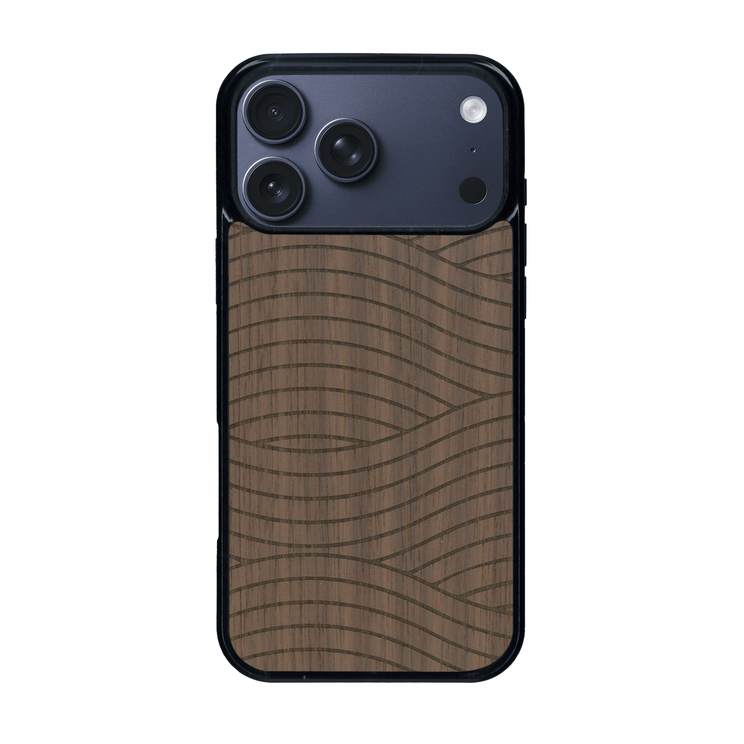 Coque de protection en bois véritable fabriquée en France pour iPhone 17 Pro Max avec un motif moderne et minimaliste sur le thème waves et wavy représentant les vagues de l'océan