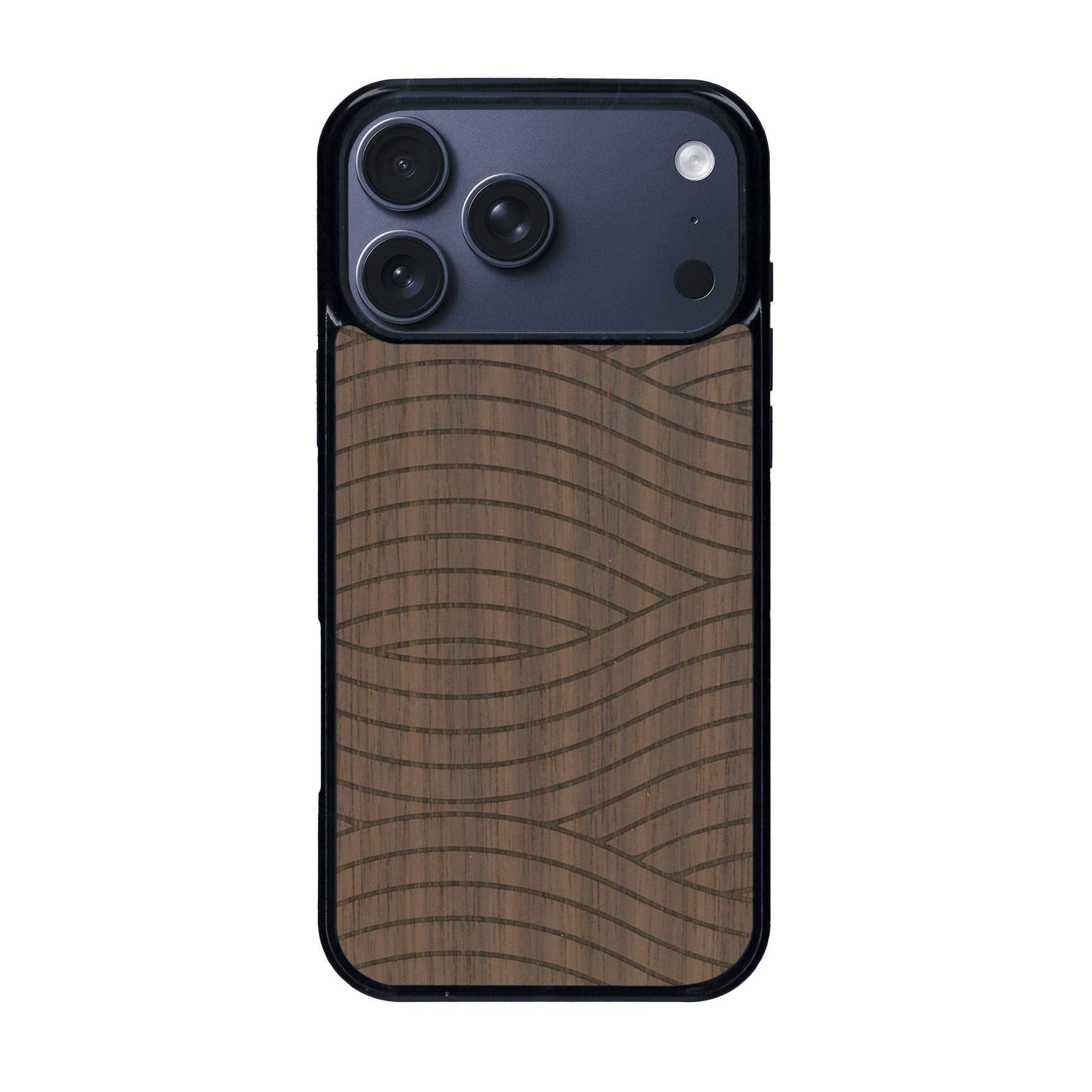 Coque de protection en bois véritable fabriquée en France pour iPhone 17 Pro Max avec un motif moderne et minimaliste sur le thème waves et wavy représentant les vagues de l'océan