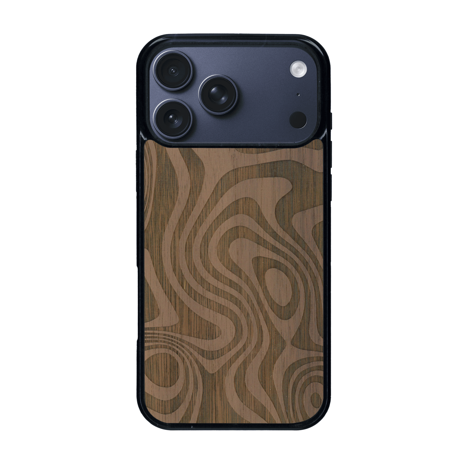 Coque de protection en bois véritable fabriquée en France pour iPhone 17 Pro Max avec un motif abstrait représentant les mouvements de l'eau